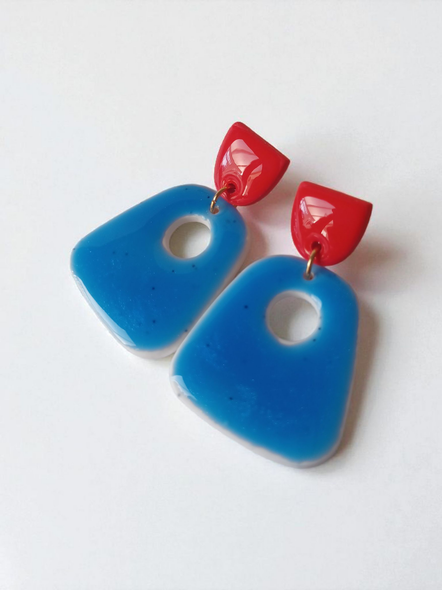 Handmade Polymer Clay Earrings Red & Blue | Resin Coated Statement Dangles | Irish Handmade Jewelry