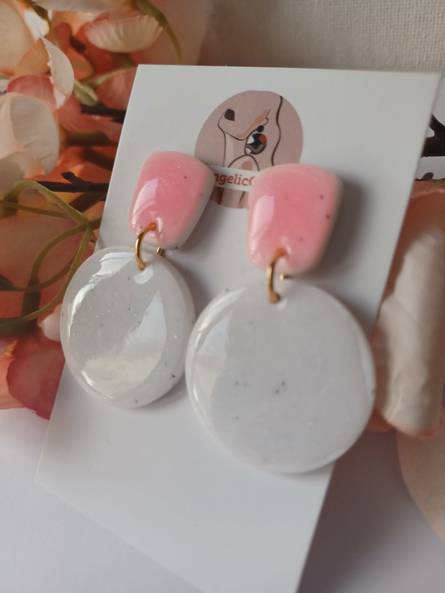 White & Pink Minimalist Earrings, Handmade Polymer Clay Stud Dangle, Lightweight Hypoallergenic Jewelry
