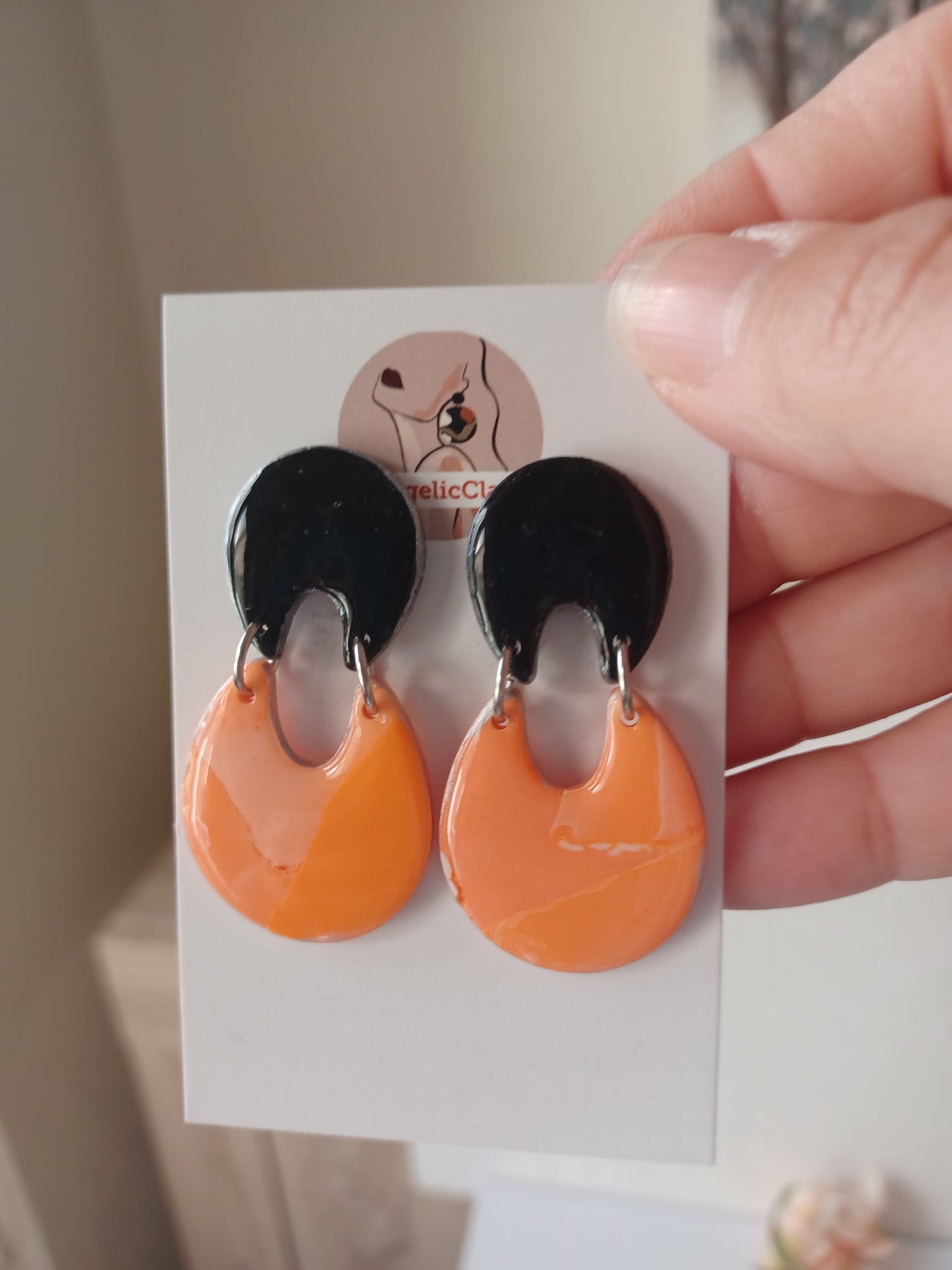 Black & Orange Statement Earrings • Handmade Polymer Clay Drops • Bold Lightweight Earrings