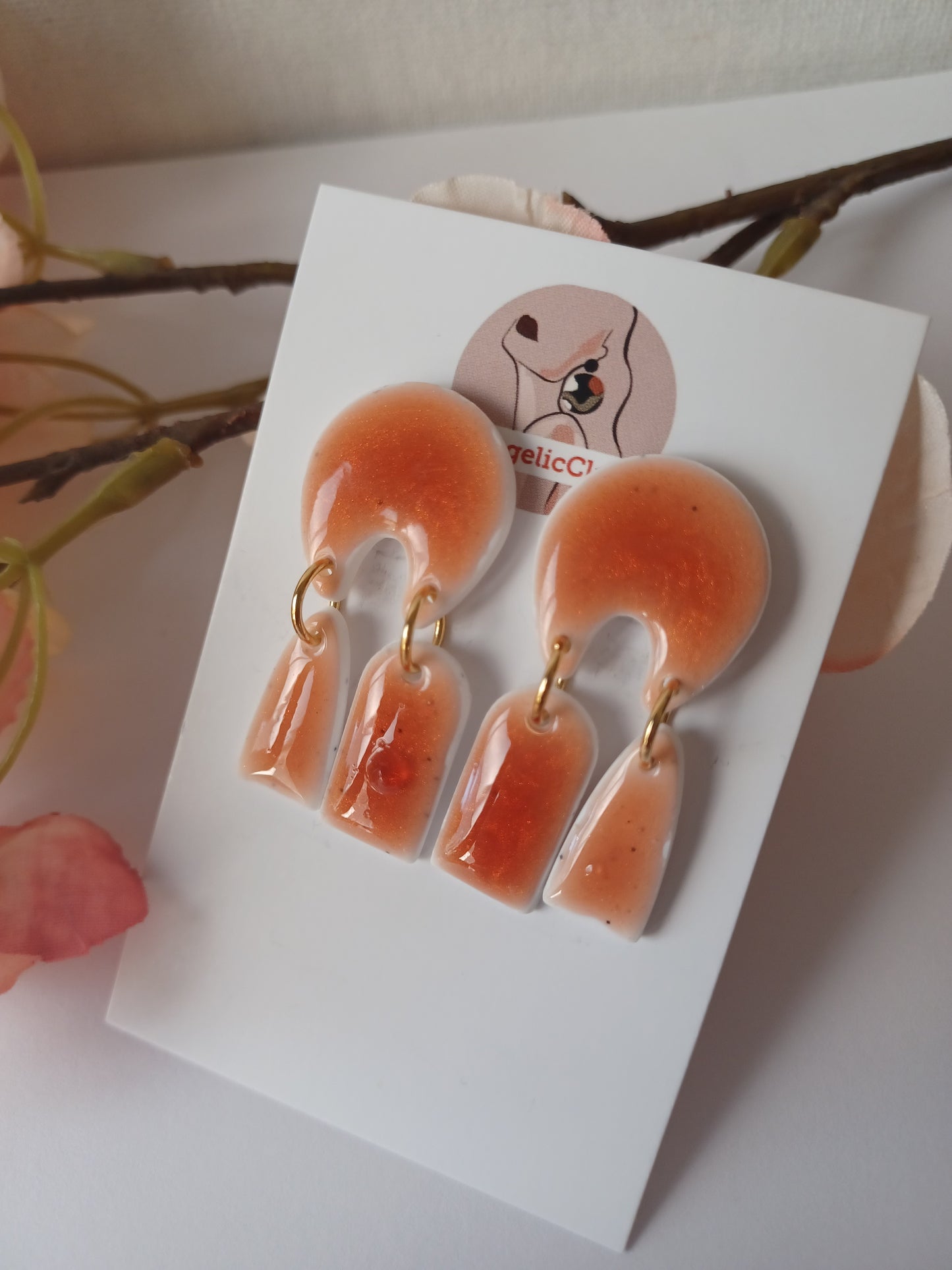 Handmade Burnt Orange Dangle Earrings – Polymer Clay Resin Jewelry