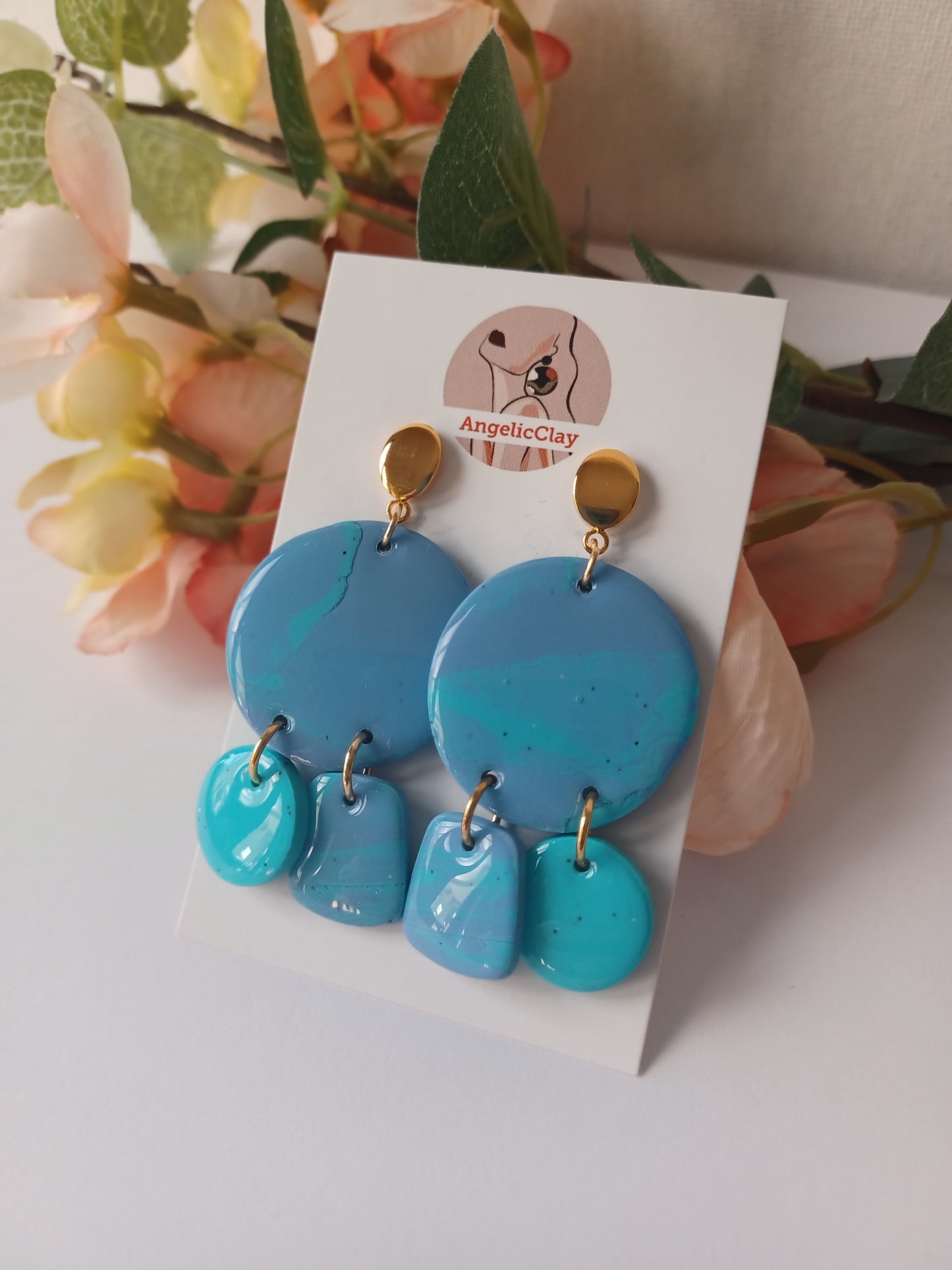 Blue & Turquoise Polymer Clay Earrings – Gold Posts, Handmade Statement, Ocean Blue