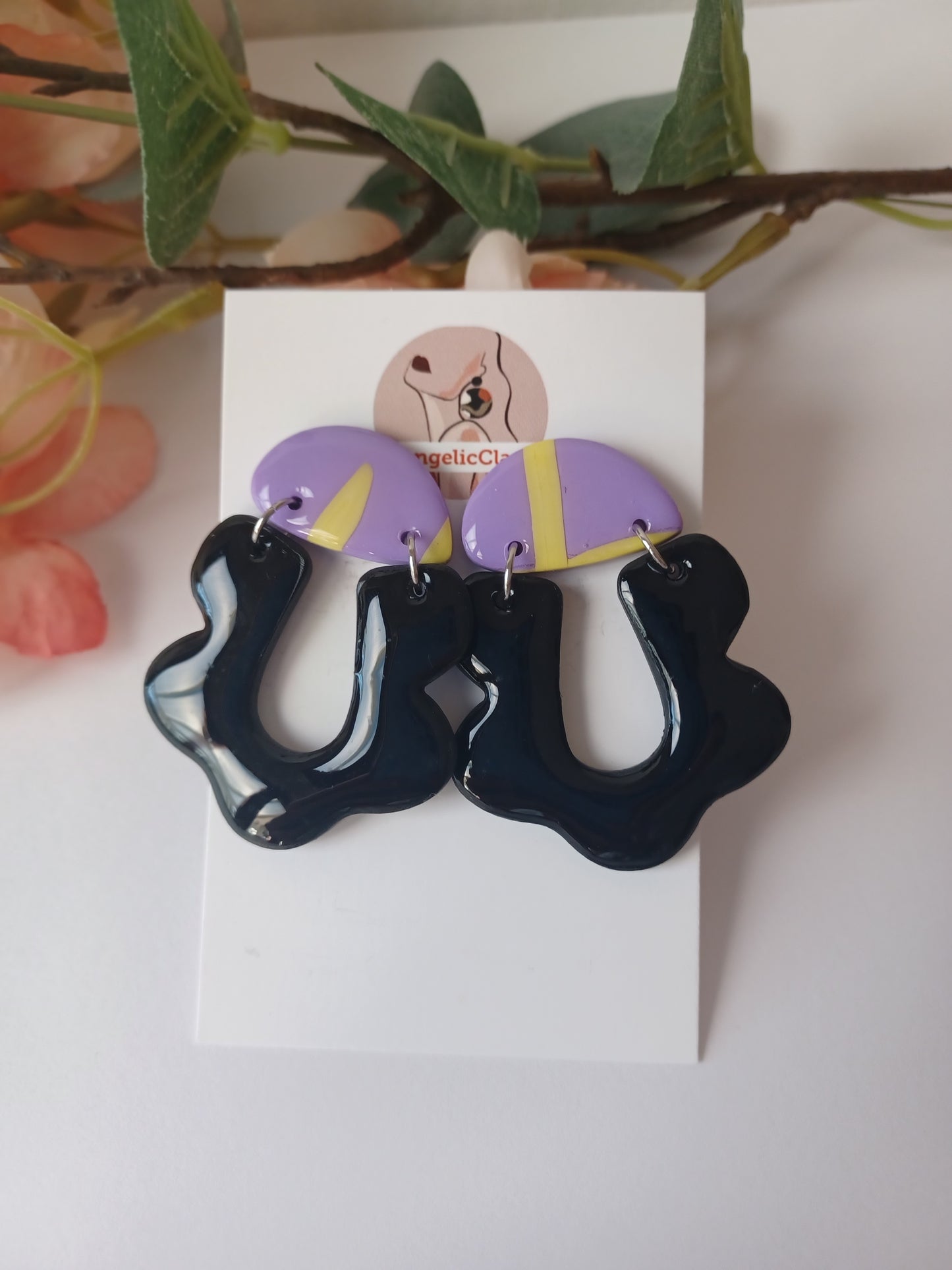 Lilac & Yellow Polymer Clay Earrings with Black Organic Drops – Handmade Statement