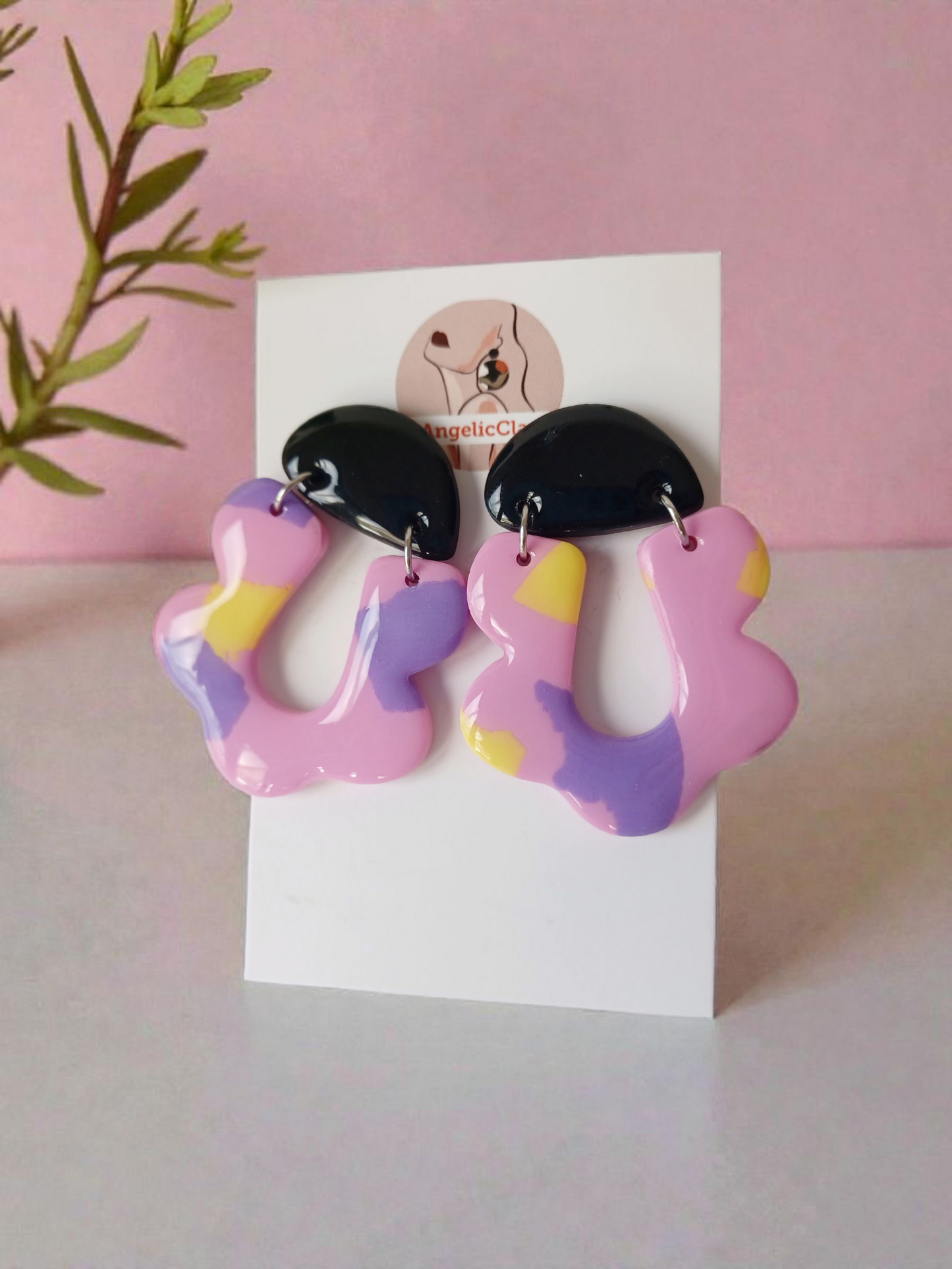 Handmade Polymer Clay Earrings | Black & Pastel Organic Abstract Dangles | Resin Statement Jewelry