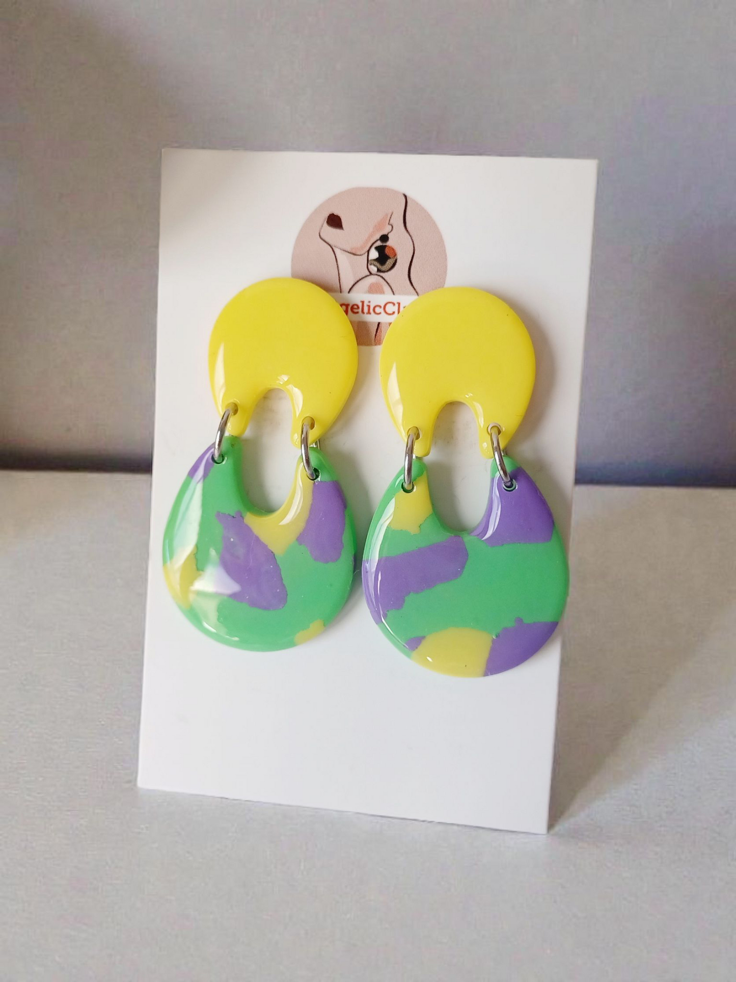 Handmade Polymer Clay Earrings | Yellow Pastel Marbled Oval
