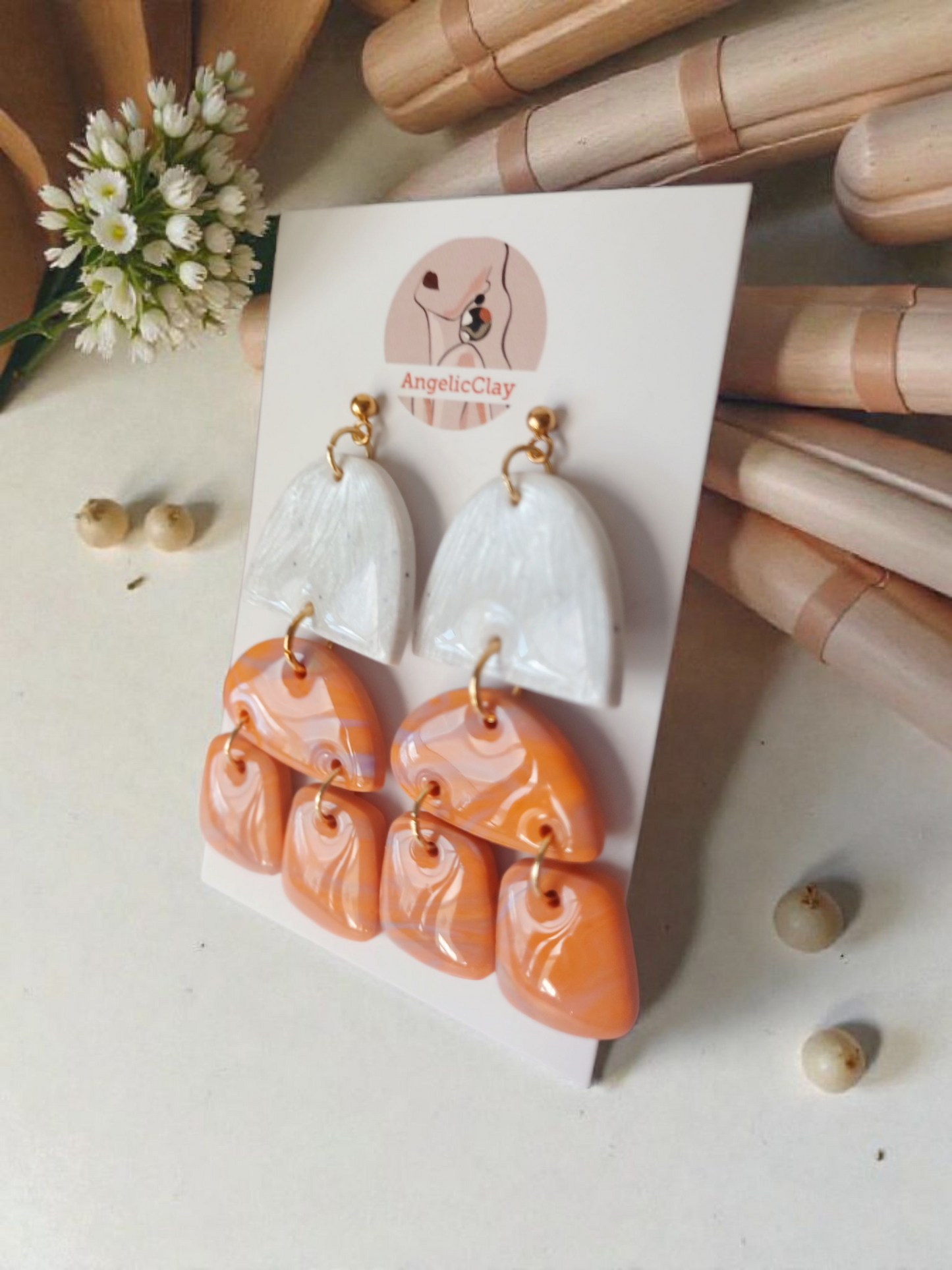 Handmade Polymer Clay Earrings | White Silver Texture & Orange Marbled Multi Drops | Resin Statement Jewelry