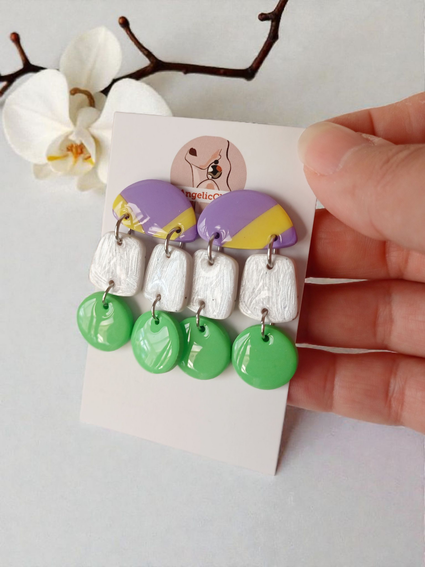 Handmade Polymer Clay Earrings | Purple Yellow Green Multi Drop Statement Dangles | Resin Gloss Finish