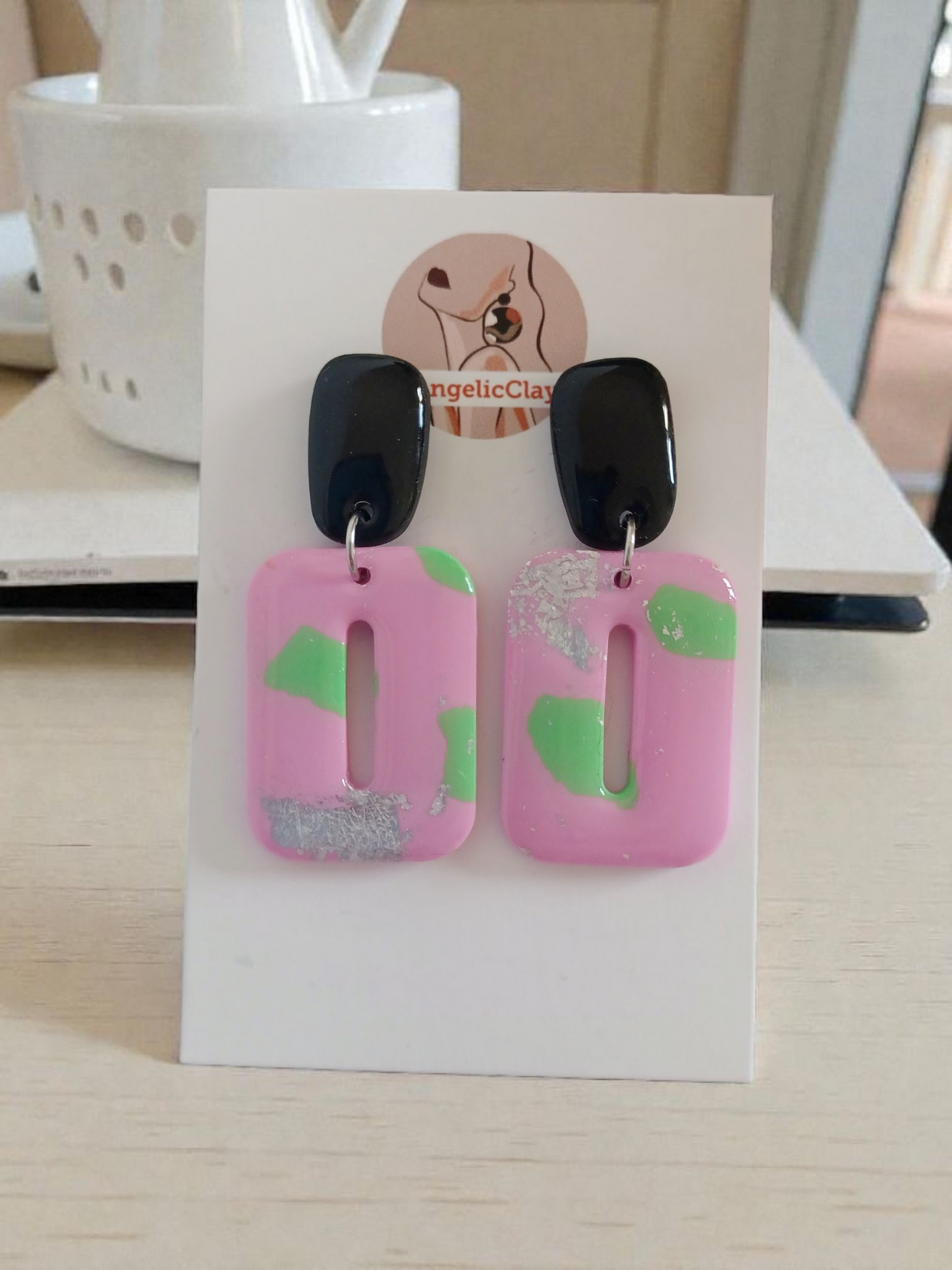 Handmade Polymer Clay Earrings | Pink Green Silver Foil Cut-Out Dangles | Resin Statement Jewelry