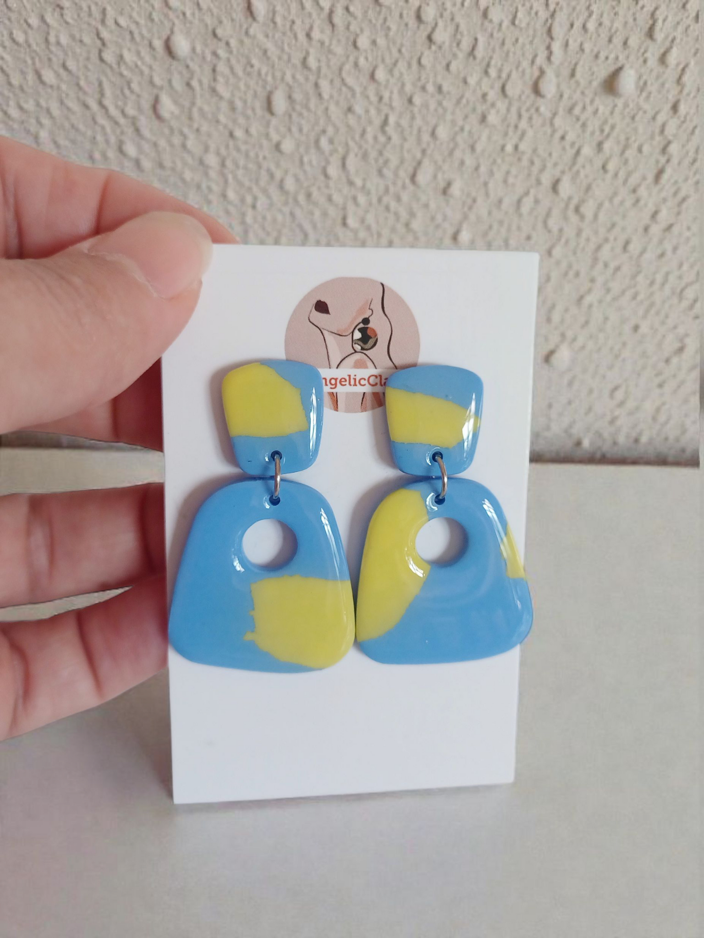 Handmade Polymer Clay Earrings | Blue Yellow Cut-Out Retro Dangles | Resin Gloss Jewelry