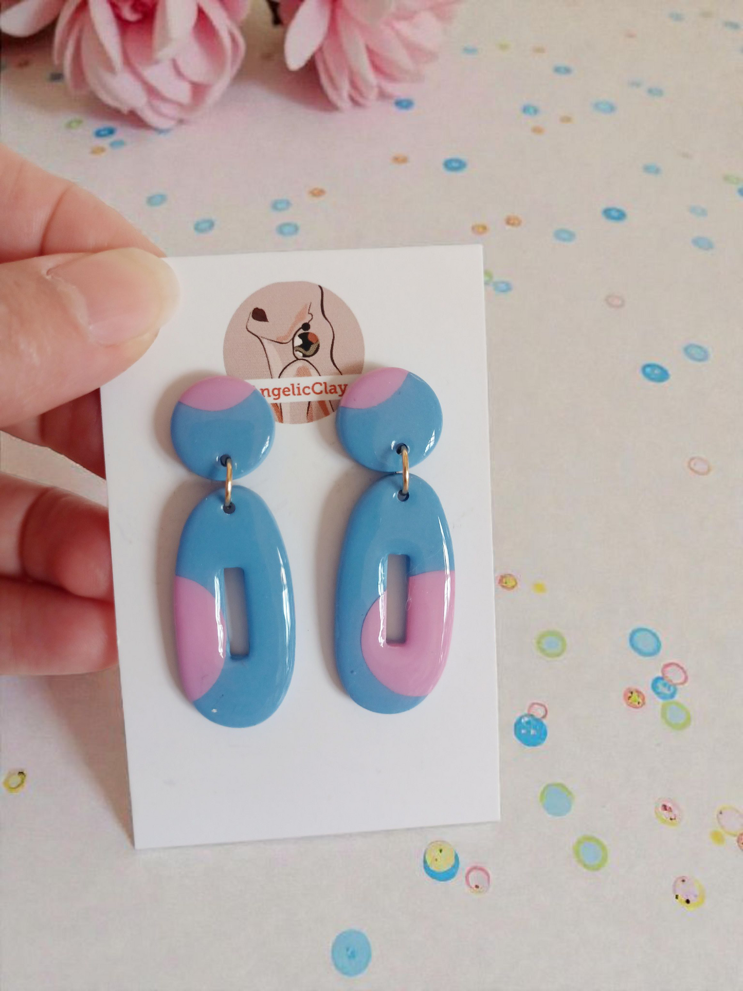 Handmade Polymer Clay Earrings | Blue Pink Oval Cut-Out Statement Dangles | Resin Coated
