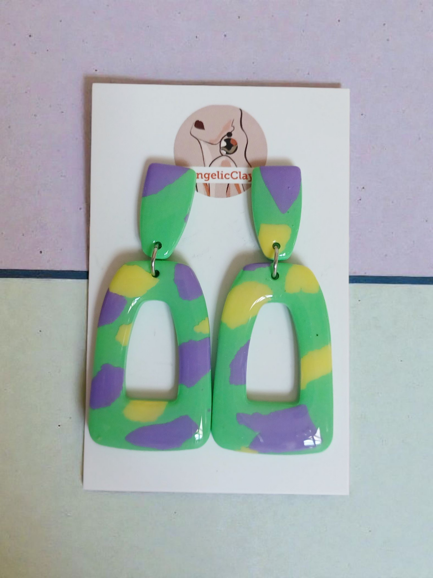 Handmade Polymer Clay Earrings | Green Yellow Lilac Abstract Dangles | Resin Coated Statement Jewelry