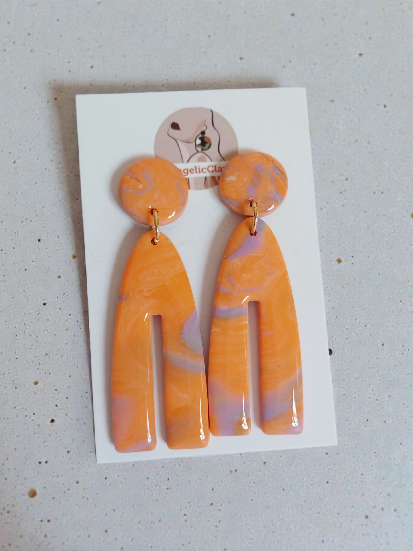 Handmade Orange & Lilac Polymer Clay Earrings | Marbled Long Dangles | Resin Coated Statement