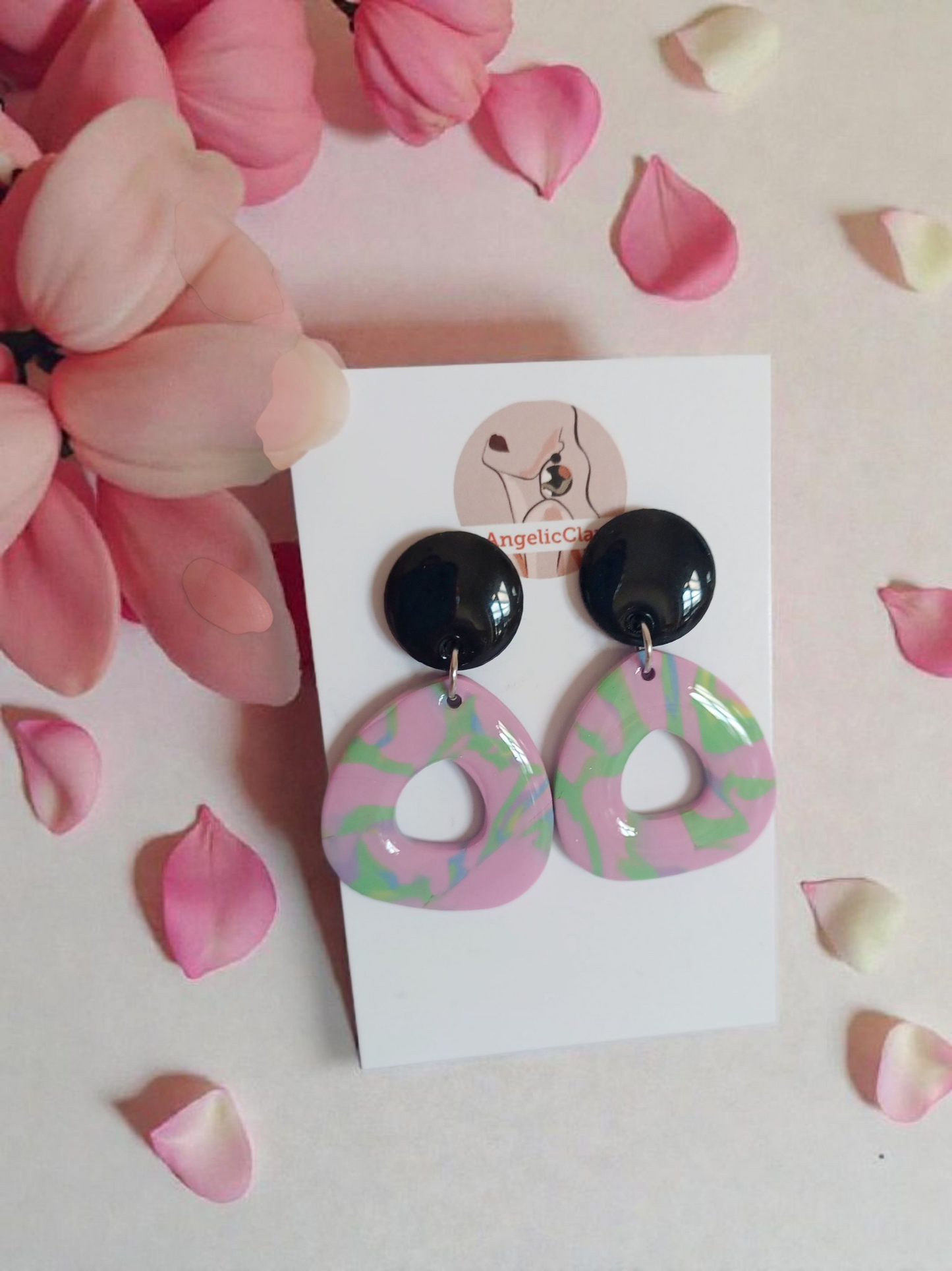 Handmade Polymer Clay Earrings | Black & Pink-Green Marbled Teardrop Dangles | Resin Coated | Irish Jewelry