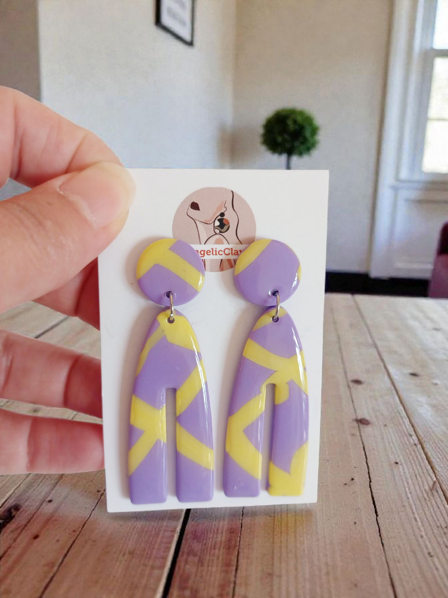 Handmade Lilac & Yellow Polymer Clay Earrings | Resin Coated Geometric Dangles | Irish Artisan Jewelry