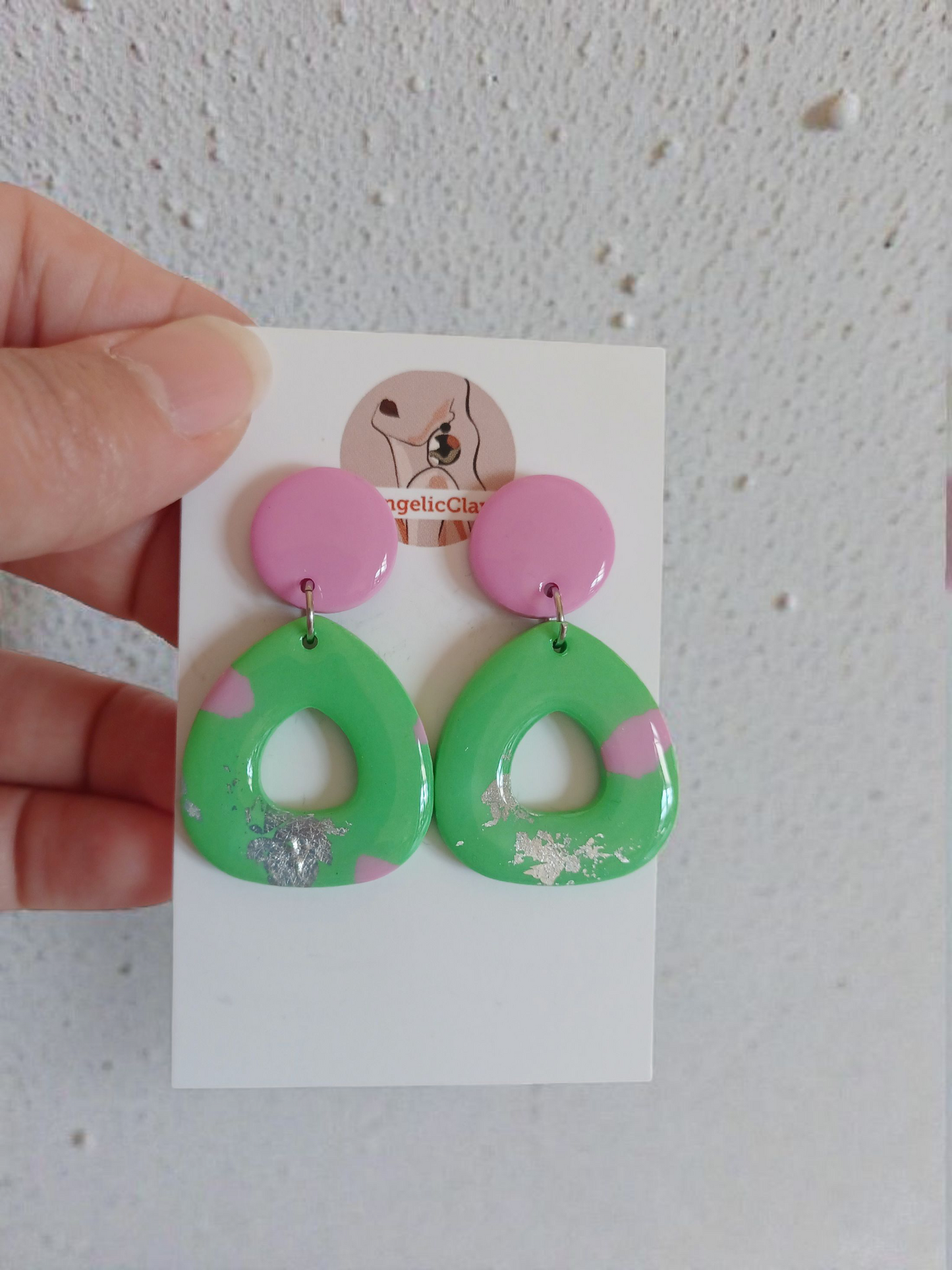 Handmade Pink & Green Polymer Clay Earrings | Silver Foil Resin Dangles | Pastel Statement Jewelry