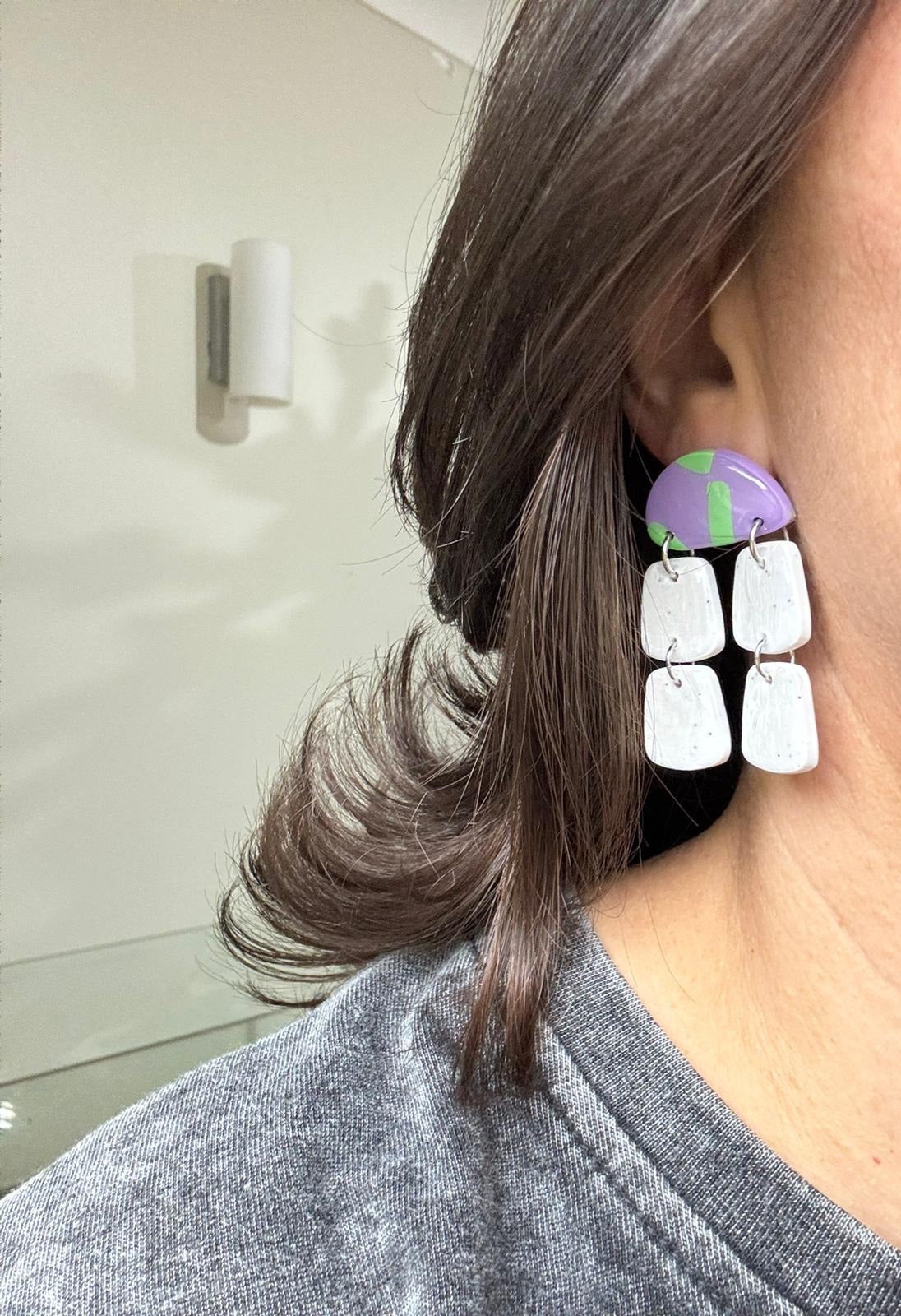 Handmade Polymer Clay Earrings | Purple Green White Multi Drop Statement Dangles | Resin Coated