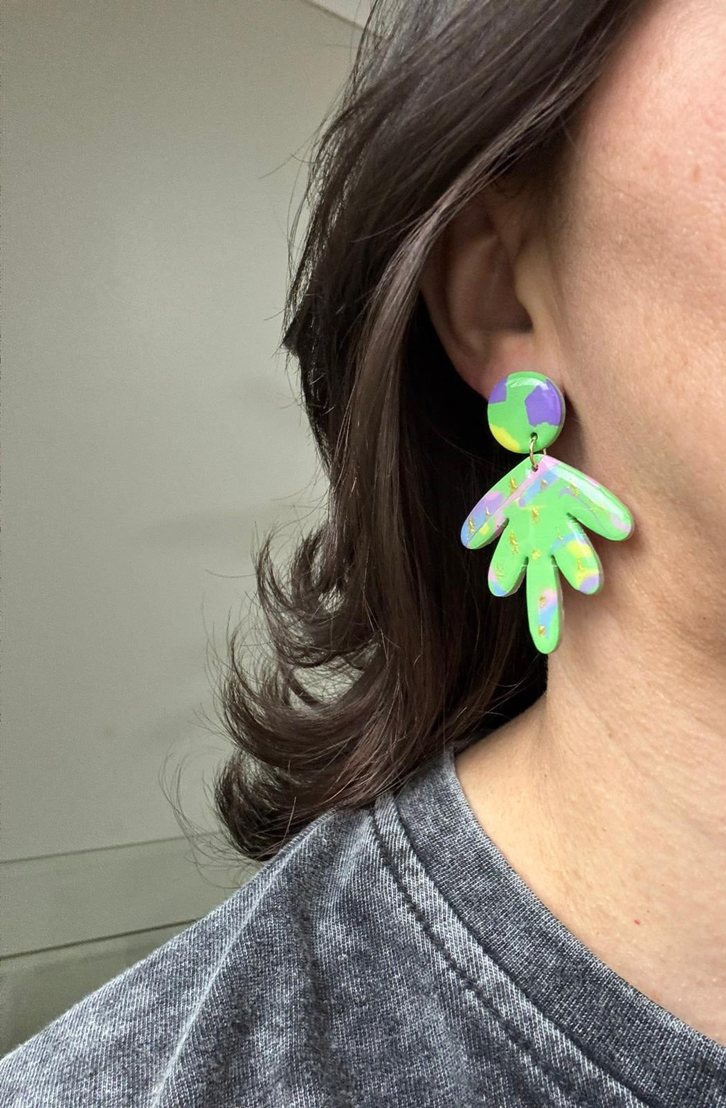 Handmade Polymer Clay Statement Earrings – Green Abstract with Gold Foil