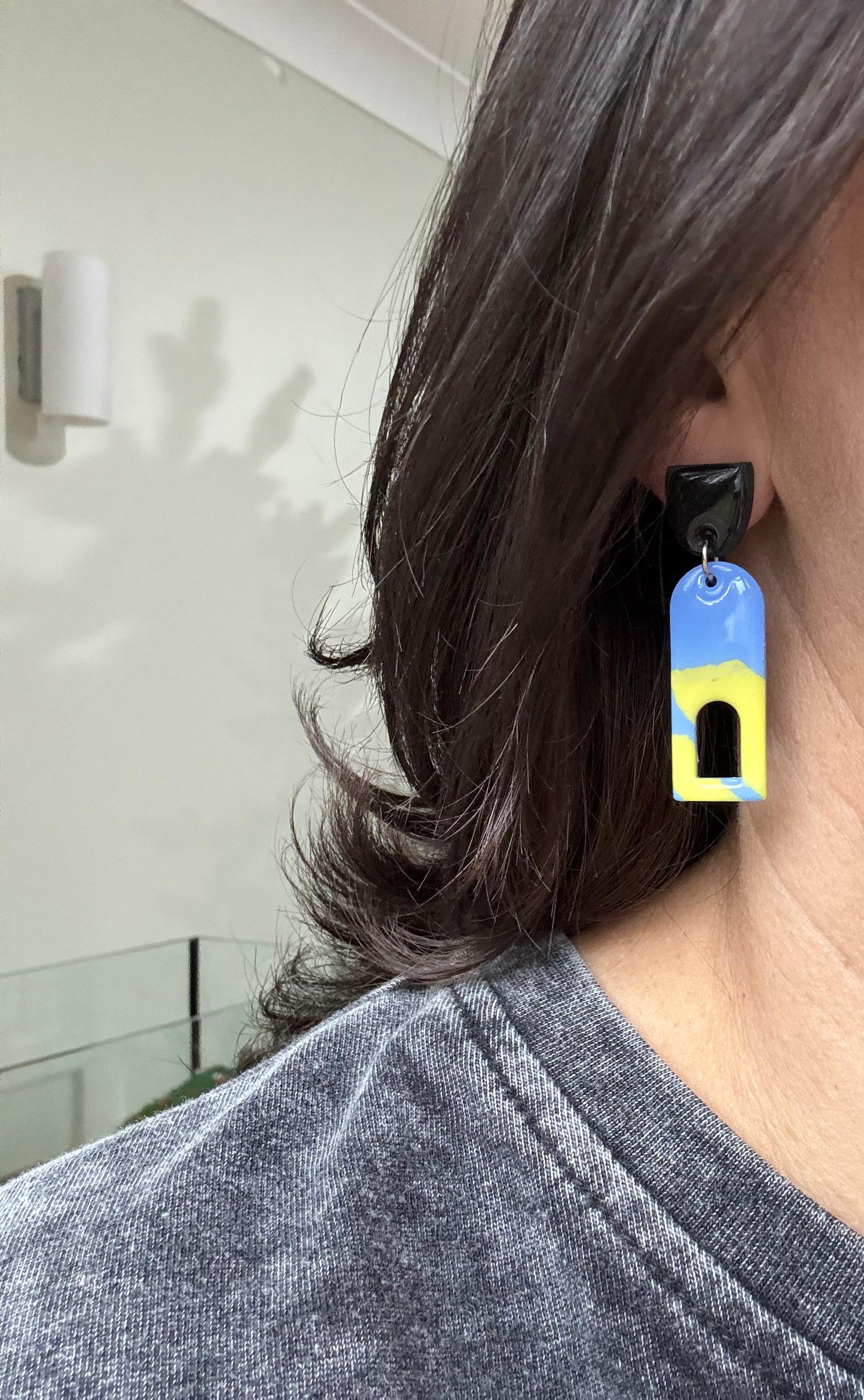 Handmade Geometric Polymer Clay Earrings – Blue, Yellow & Black
