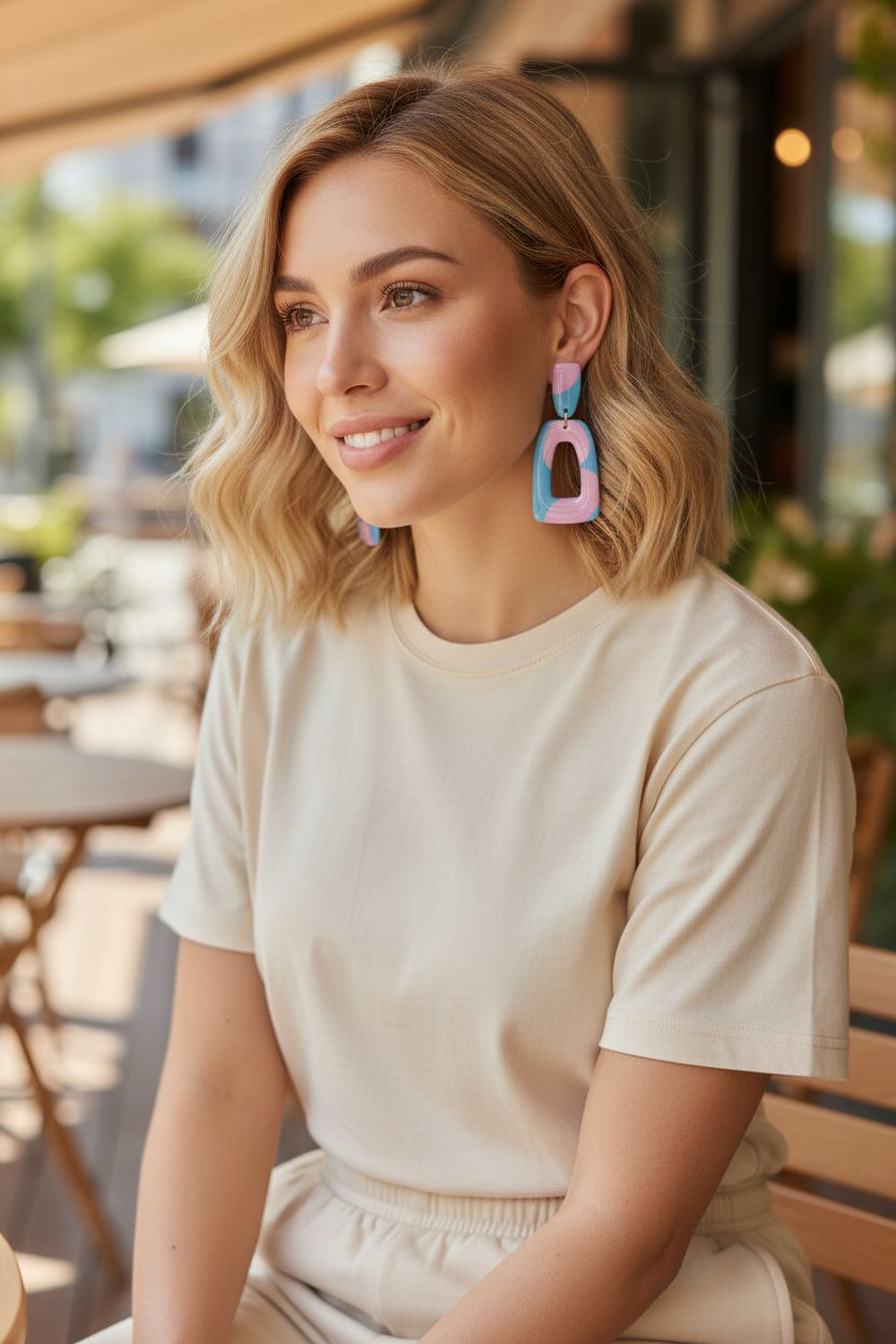 Handmade Blue & Pink Polymer Clay Earrings | Geometric Cut-Out Statement Dangles | Resin Coated