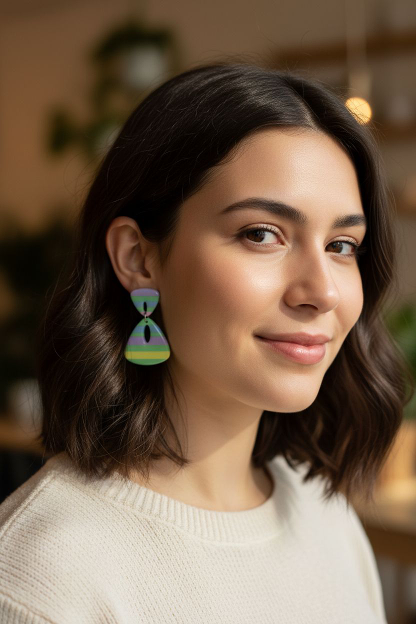 Handmade Multicolour Striped Earrings | Polymer Clay Retro Dangles | Resin Gloss Finish