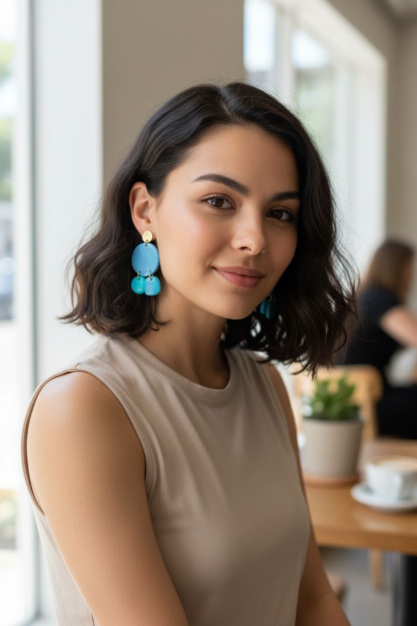 Handmade Polymer Clay Dangle Earrings | Gold, Blue Marble, Teal