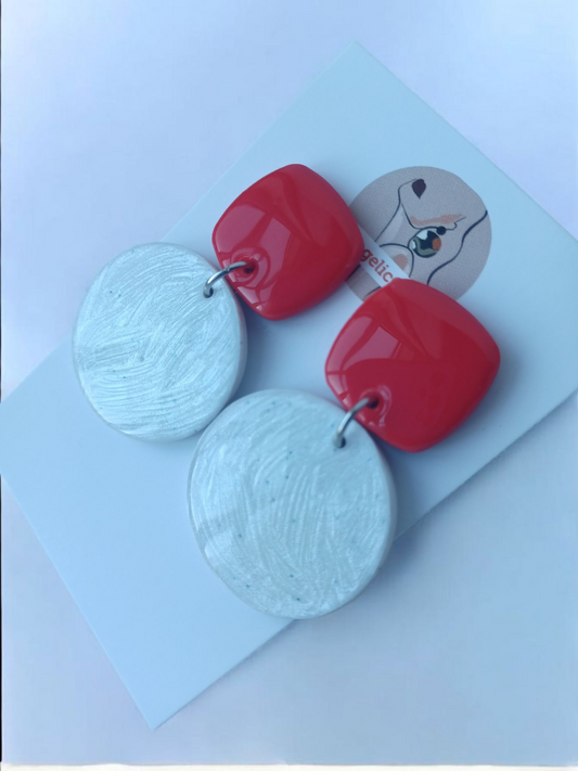 Handmade Red and White Clay Earrings, Hypoallergenic Dangles, Made in Ireland
