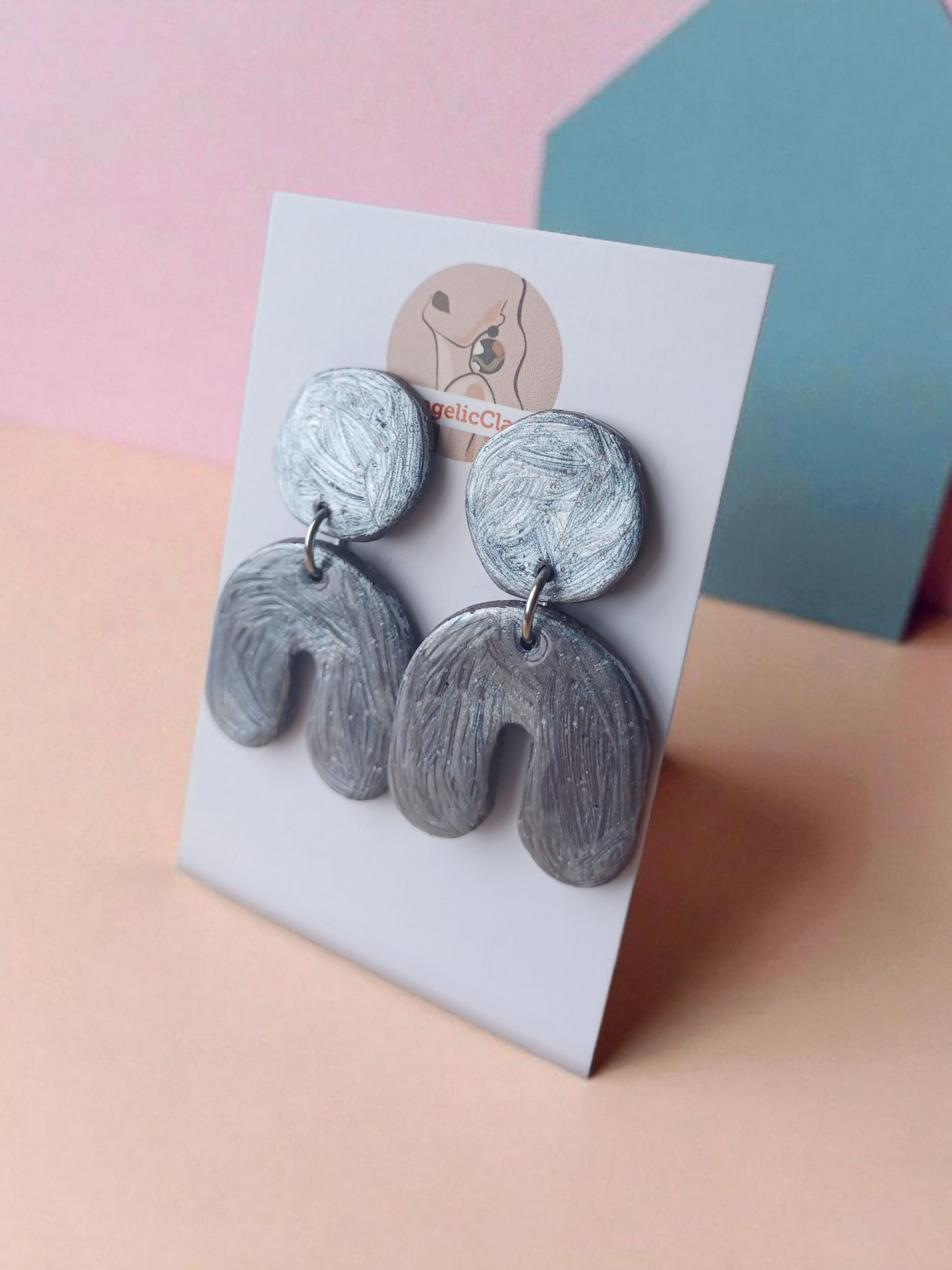 Modern Silver Arch Earrings • Handmade Polymer Clay Statement Dangles