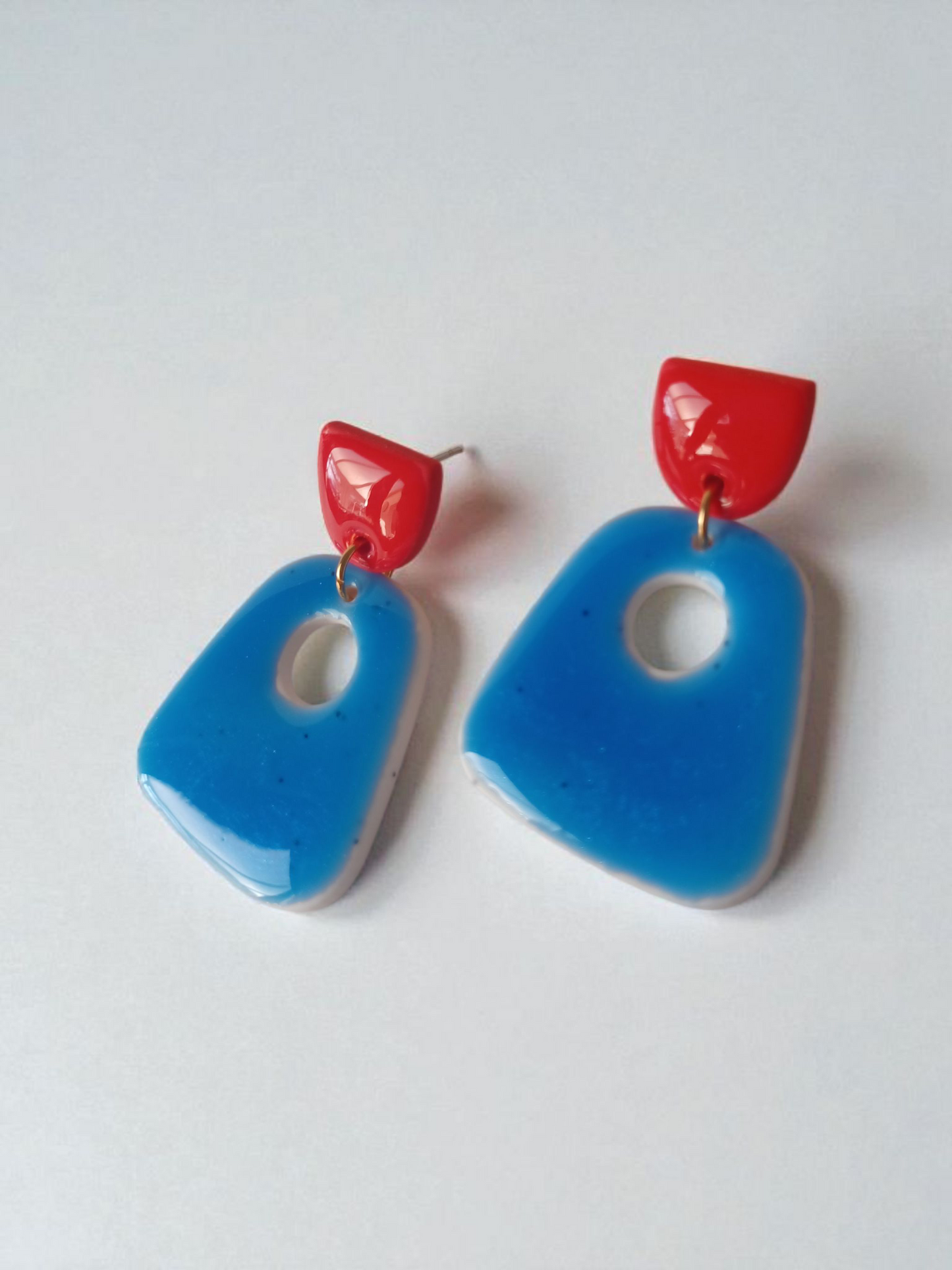 Handmade Polymer Clay Earrings Red & Blue | Resin Coated Statement Dangles | Irish Handmade Jewelry