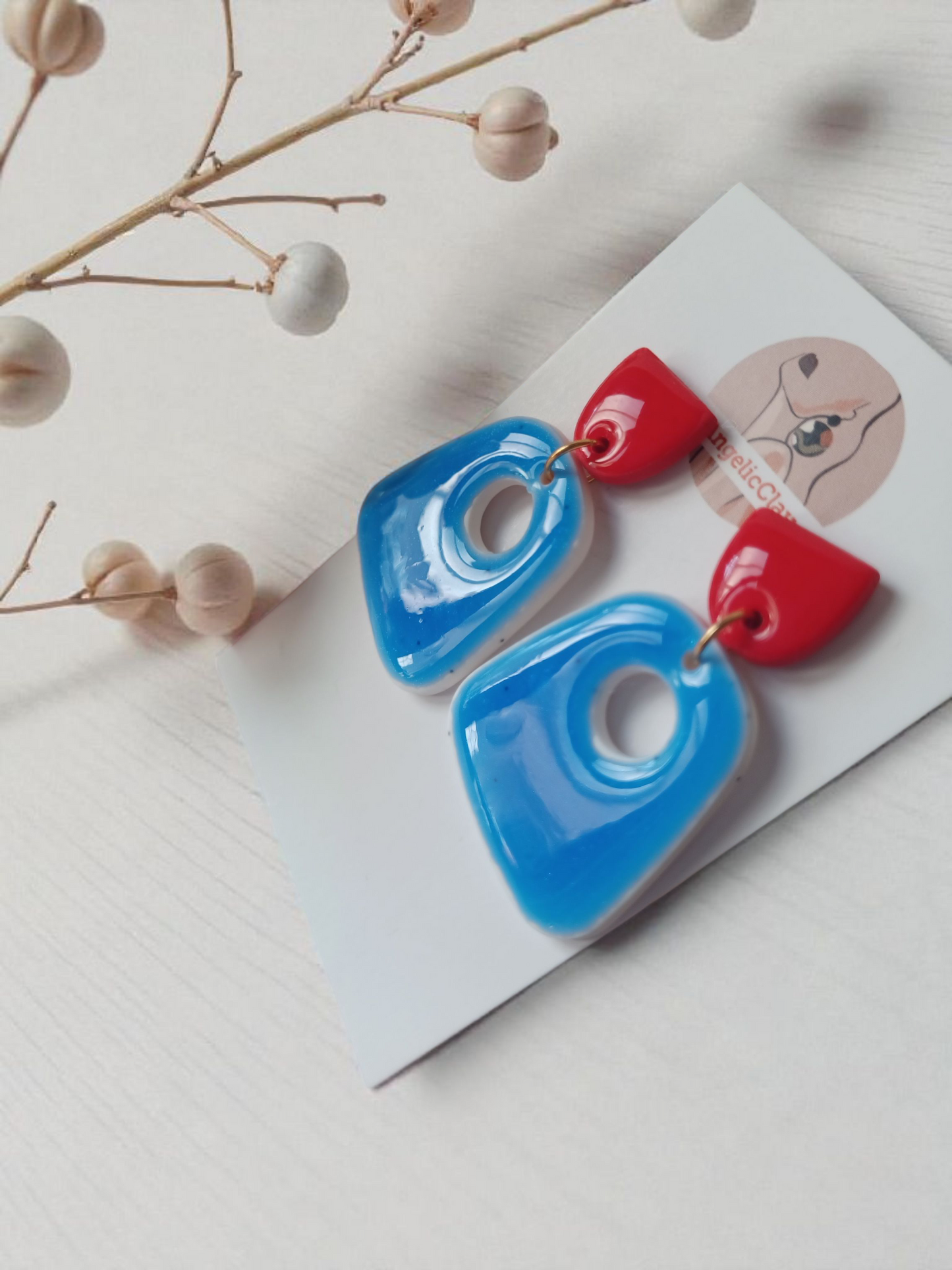 Handmade Polymer Clay Earrings Red & Blue | Resin Coated Statement Dangles | Irish Handmade Jewelry