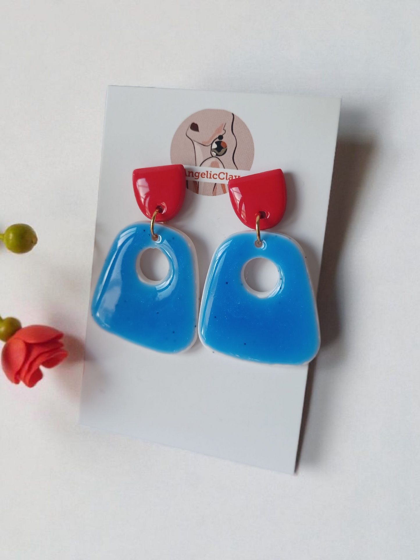 Handmade Polymer Clay Earrings Red & Blue | Resin Coated Statement Dangles | Irish Handmade Jewelry