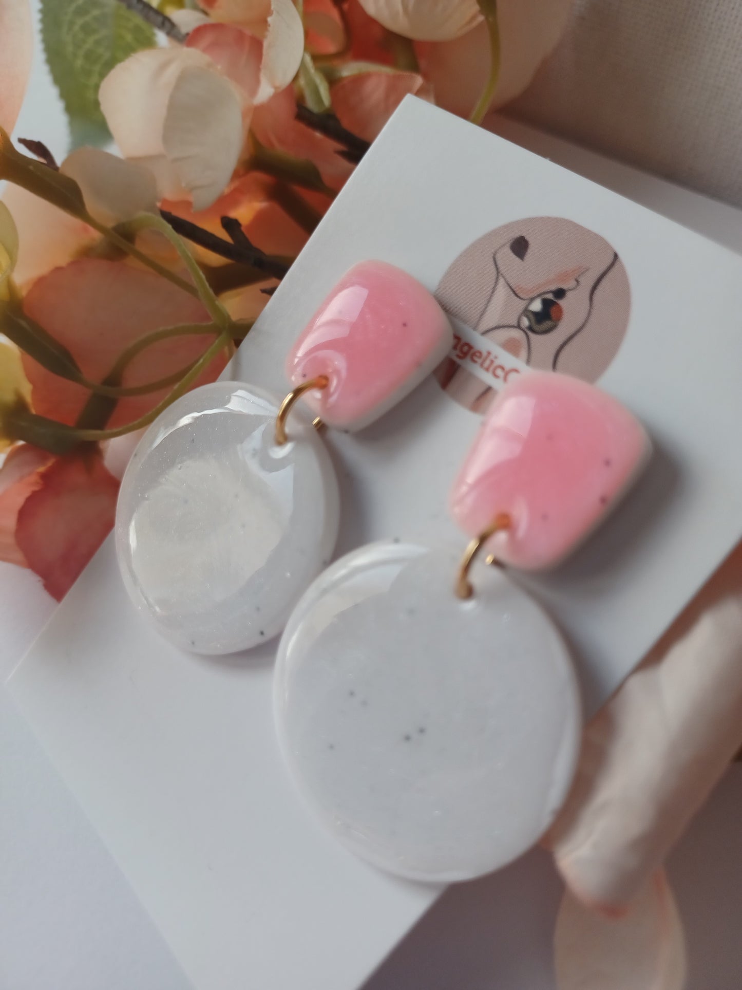 White & Pink Minimalist Earrings, Handmade Polymer Clay Stud Dangle, Lightweight Hypoallergenic Jewelry