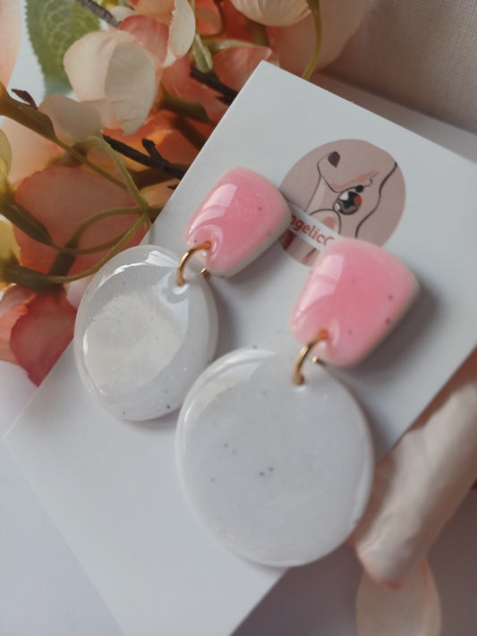White & Pink Minimalist Earrings, Handmade Polymer Clay Stud Dangle, Lightweight Hypoallergenic Jewelry