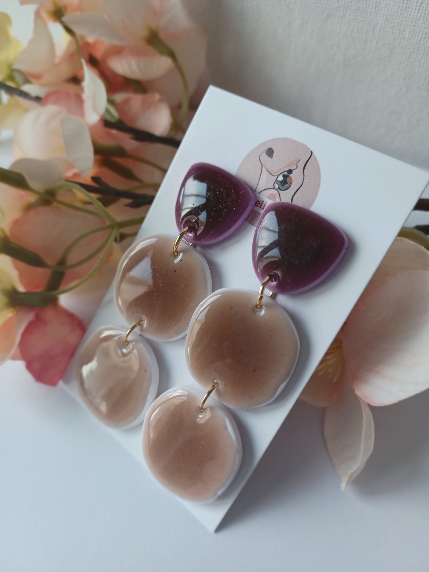 Wine & Nude Layered Earrings • Handmade Polymer Clay Jewelry • Long Lightweight Dangles • Hypoallergenic