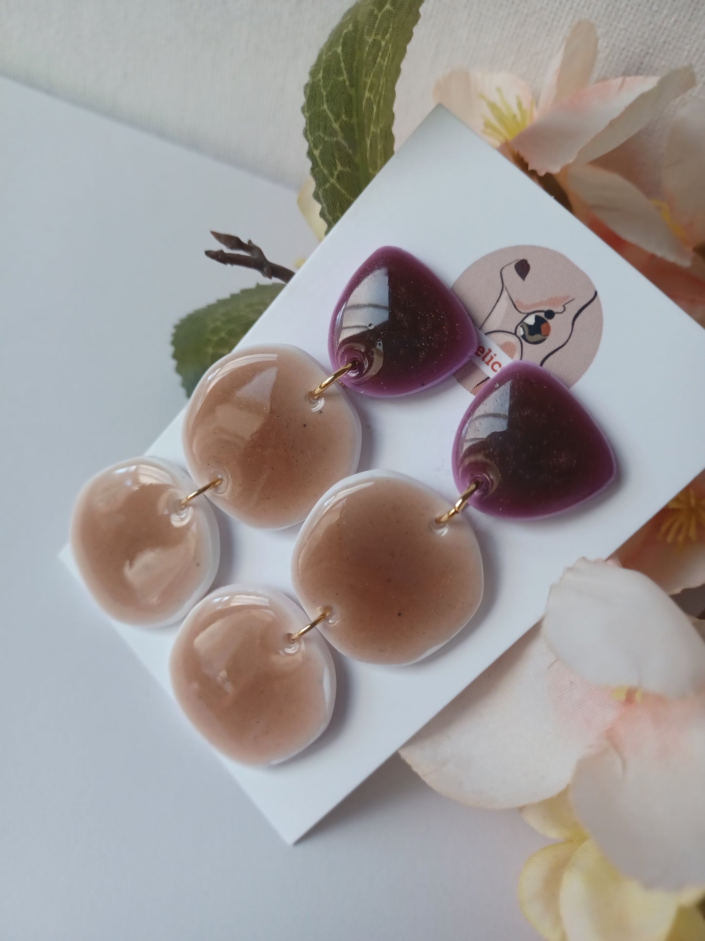 Wine & Nude Layered Earrings • Handmade Polymer Clay Jewelry • Long Lightweight Dangles • Hypoallergenic