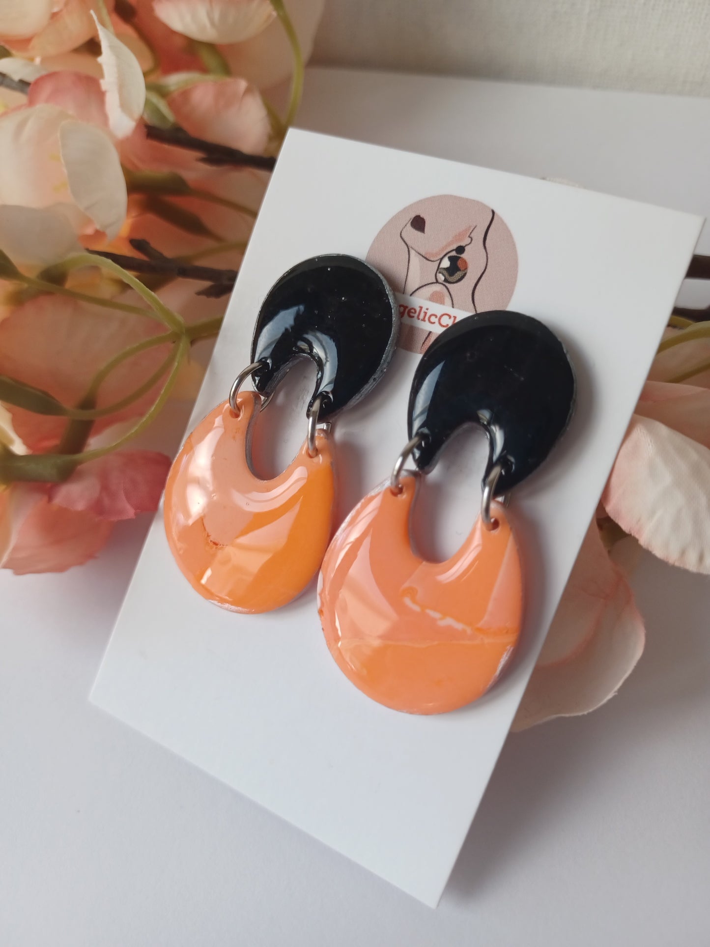 Black & Orange Statement Earrings • Handmade Polymer Clay Drops • Bold Lightweight Earrings