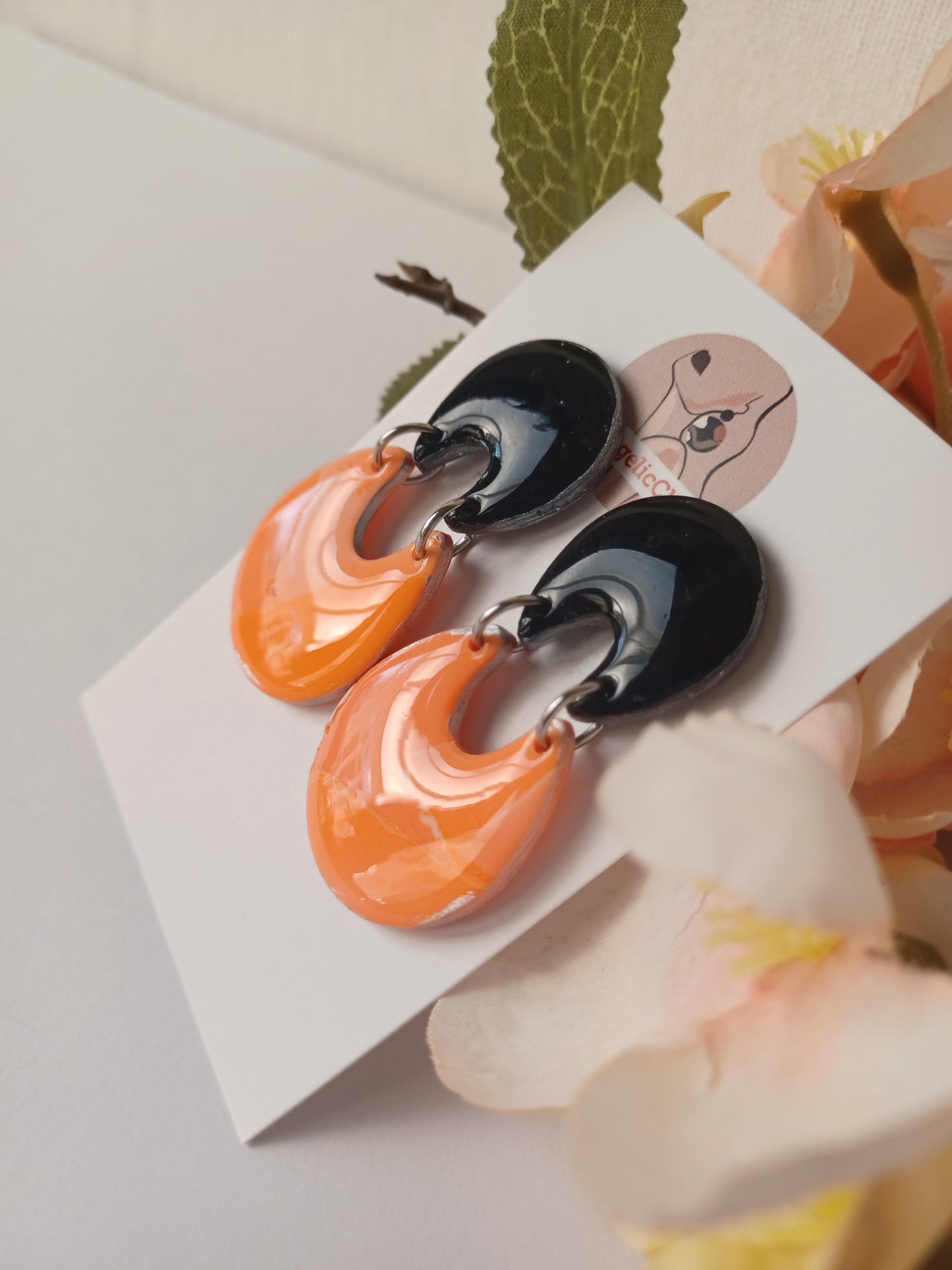 Black & Orange Statement Earrings • Handmade Polymer Clay Drops • Bold Lightweight Earrings