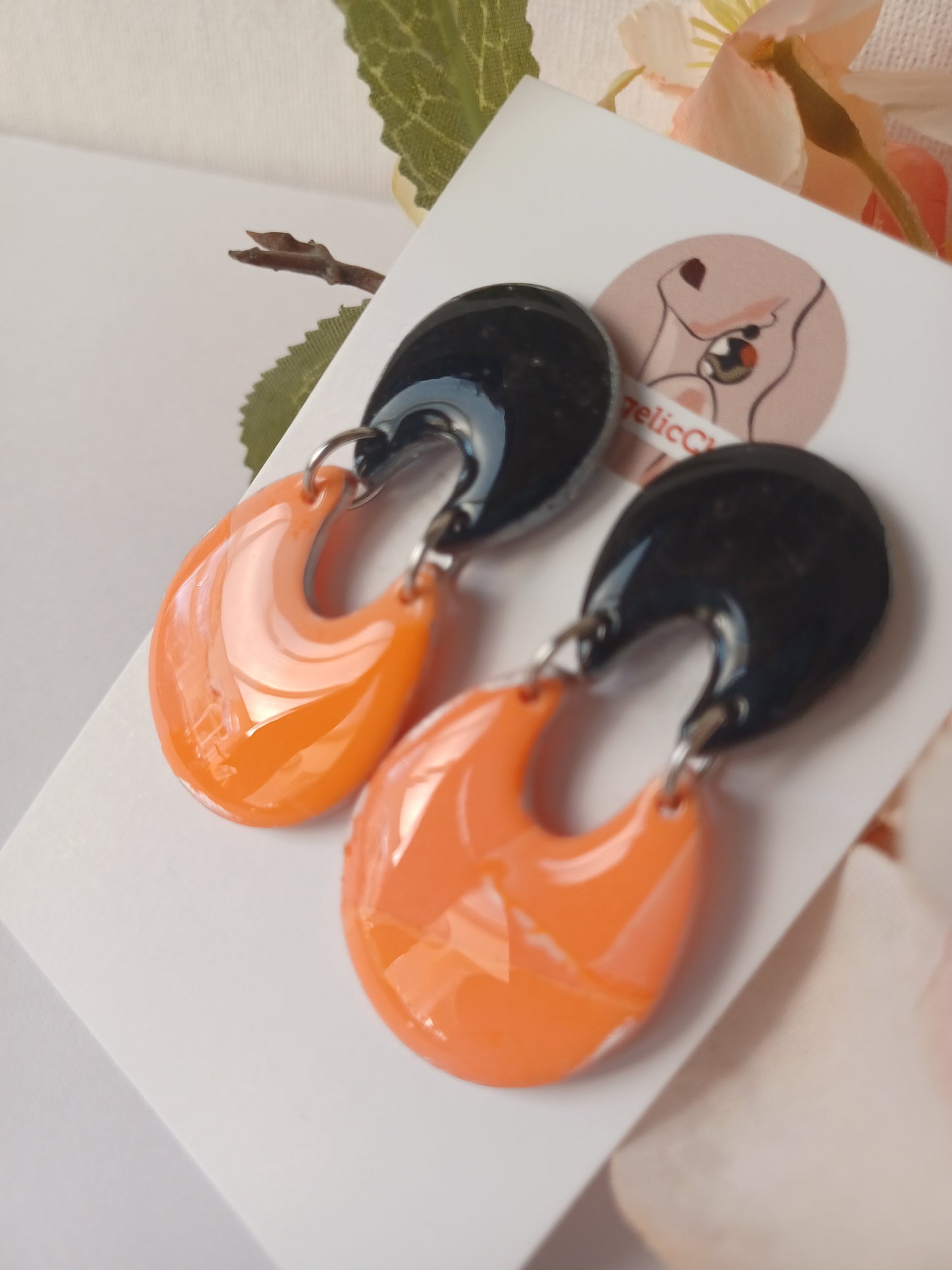 Black & Orange Statement Earrings • Handmade Polymer Clay Drops • Bold Lightweight Earrings