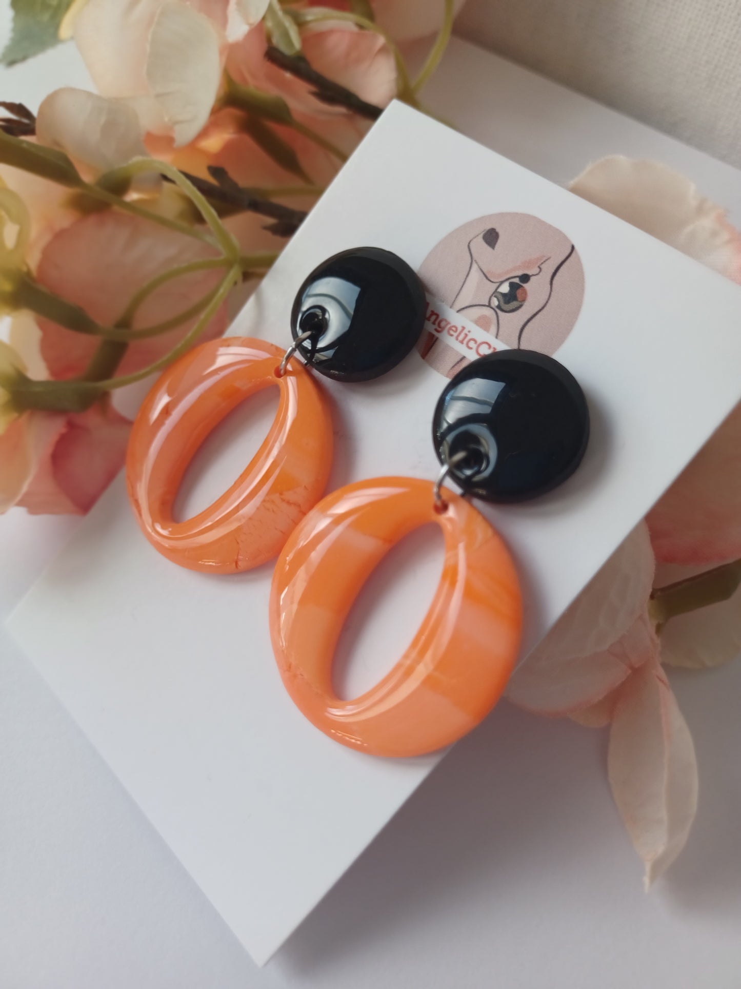 Handmade Black & Orange Polymer Clay Earrings – Minimalist Resin Drop