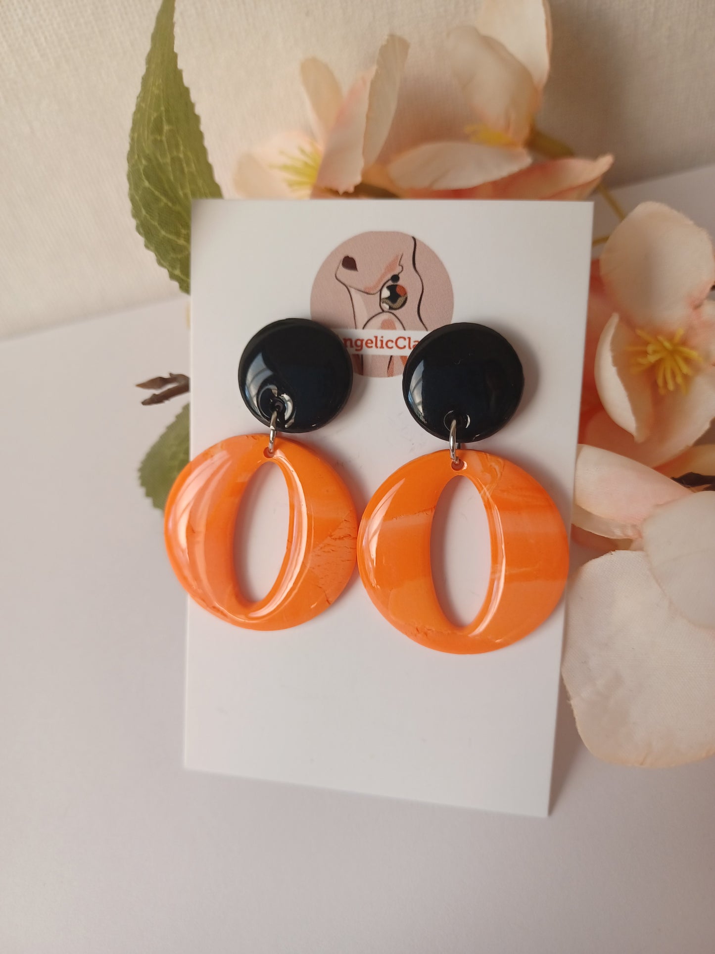 Handmade Black & Orange Polymer Clay Earrings – Minimalist Resin Drop