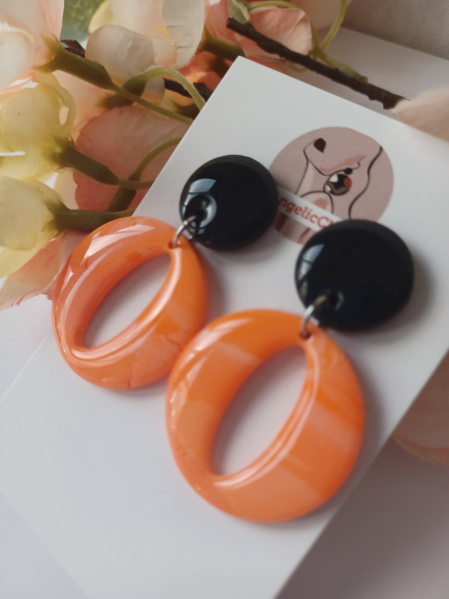 Handmade Black & Orange Polymer Clay Earrings – Minimalist Resin Drop