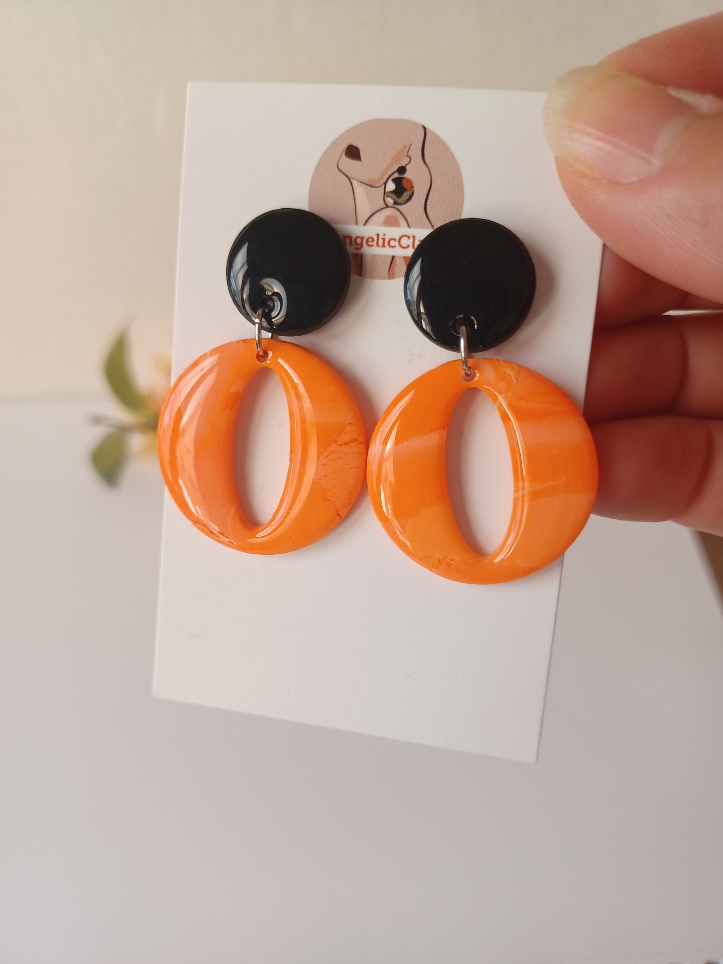 Handmade Black & Orange Polymer Clay Earrings – Minimalist Resin Drop