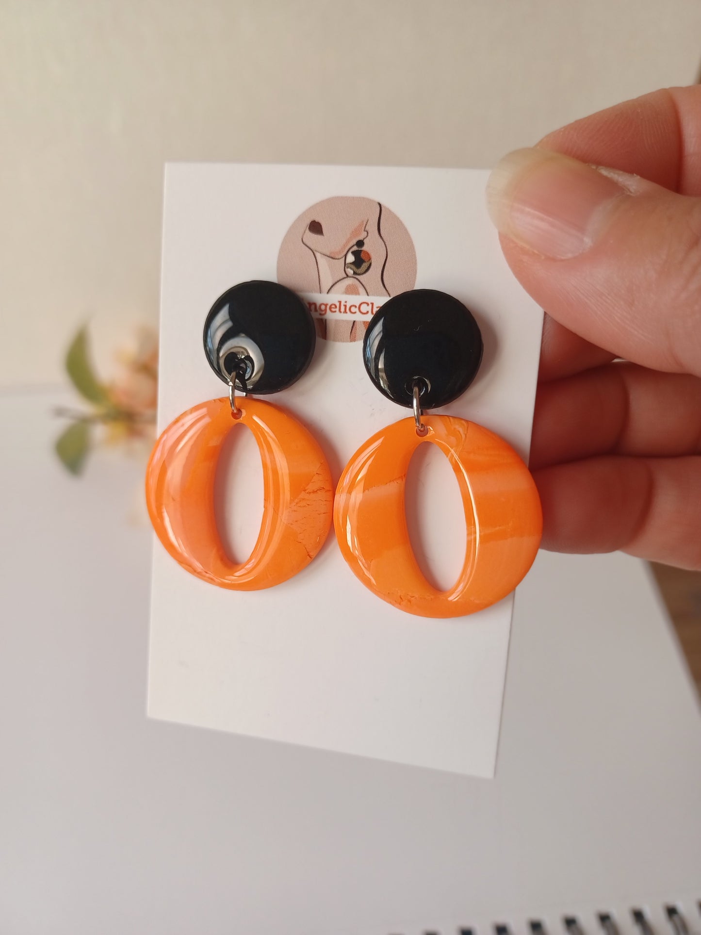Handmade Black & Orange Polymer Clay Earrings – Minimalist Resin Drop
