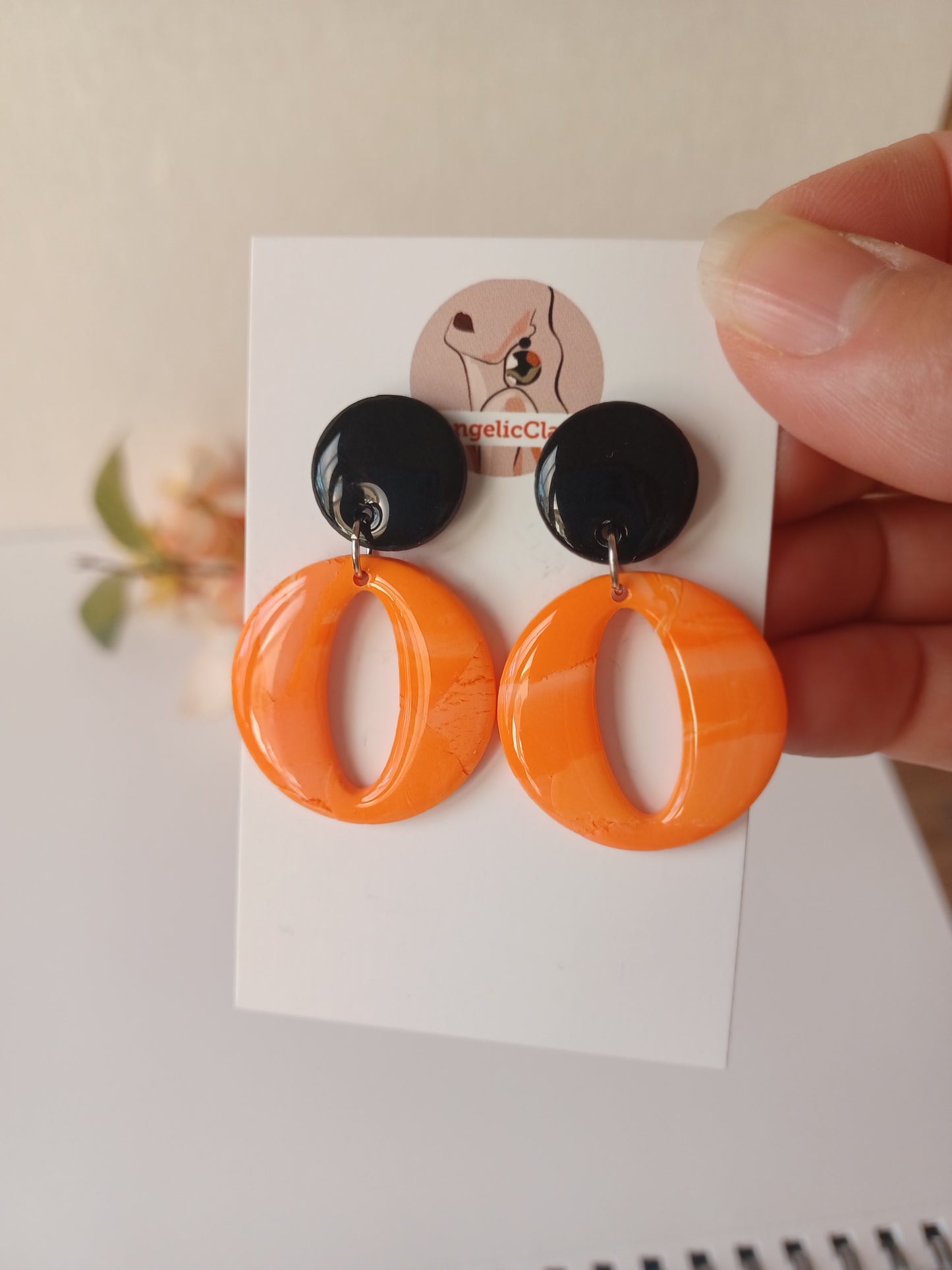Handmade Black & Orange Polymer Clay Earrings – Minimalist Resin Drop