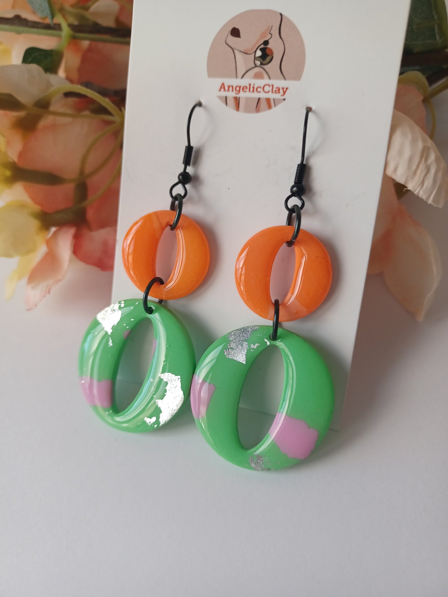 Orange & Mint Polymer Clay Earrings – Silver Leaf, Lightweight Statement, Handmade Resin-Coated Earrings