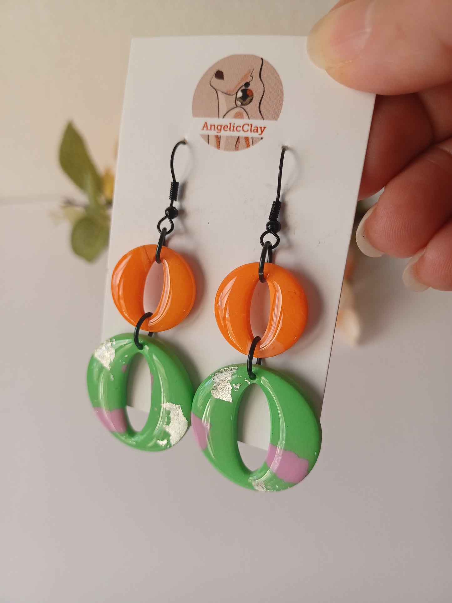 Orange & Mint Polymer Clay Earrings – Silver Leaf, Lightweight Statement, Handmade Resin-Coated Earrings
