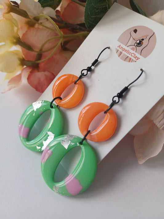 Orange & Mint Polymer Clay Earrings – Silver Leaf, Lightweight Statement, Handmade Resin-Coated Earrings