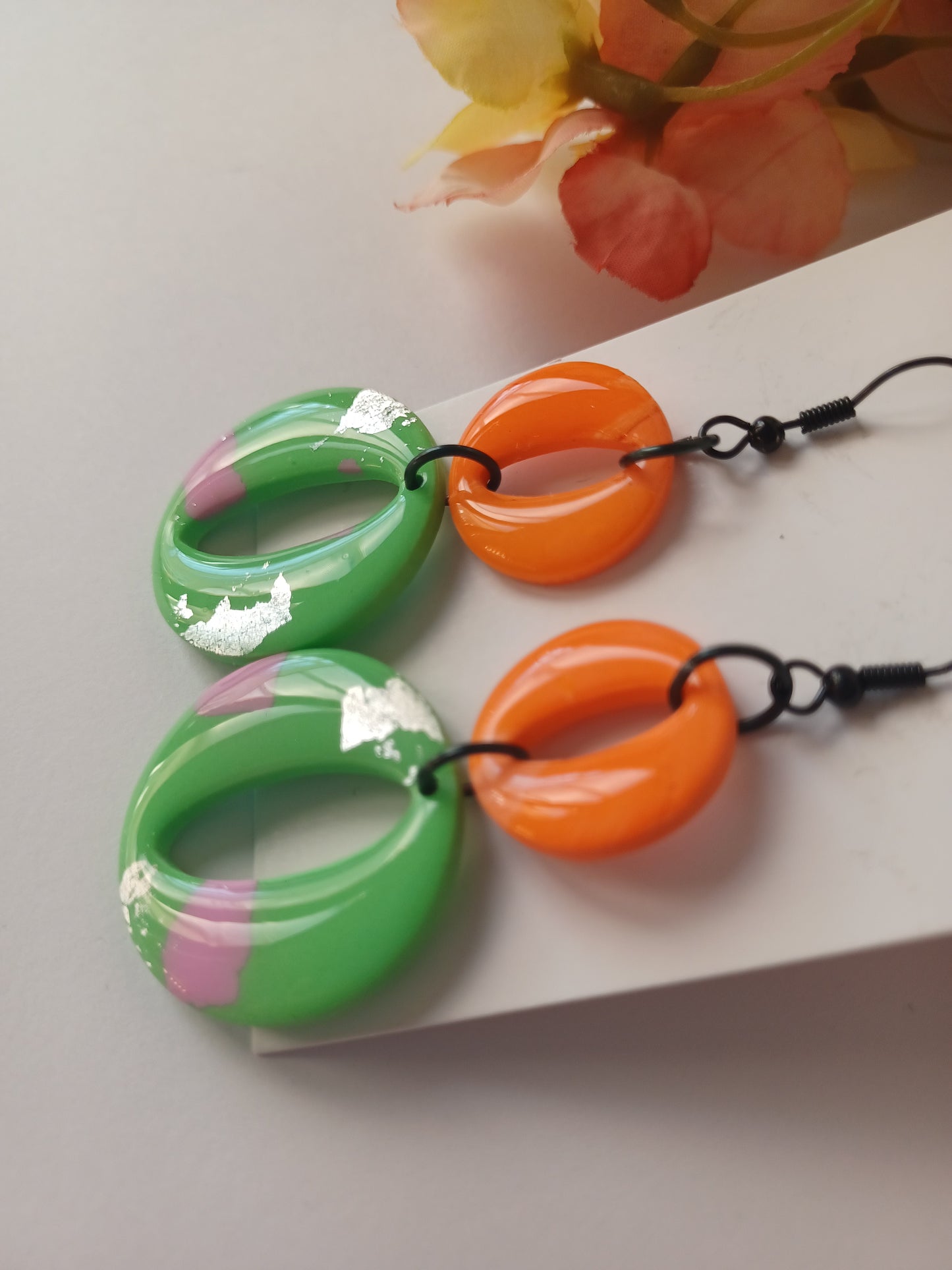 Orange & Mint Polymer Clay Earrings – Silver Leaf, Lightweight Statement, Handmade Resin-Coated Earrings