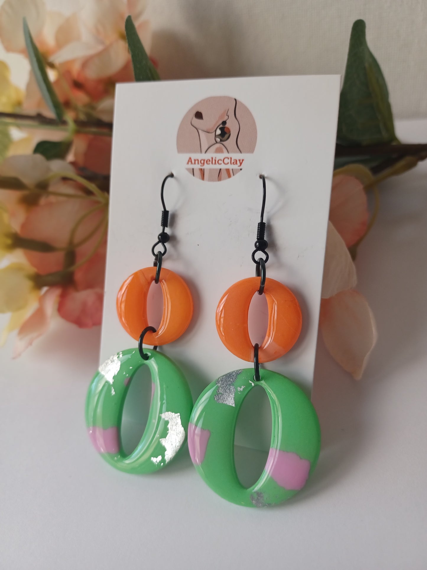 Orange & Mint Polymer Clay Earrings – Silver Leaf, Lightweight Statement, Handmade Resin-Coated Earrings