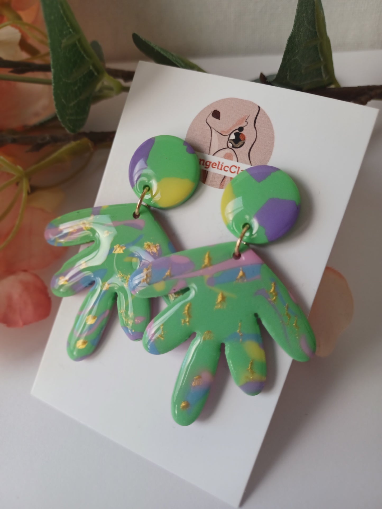 Handmade Polymer Clay Statement Earrings – Green Abstract with Gold Foil