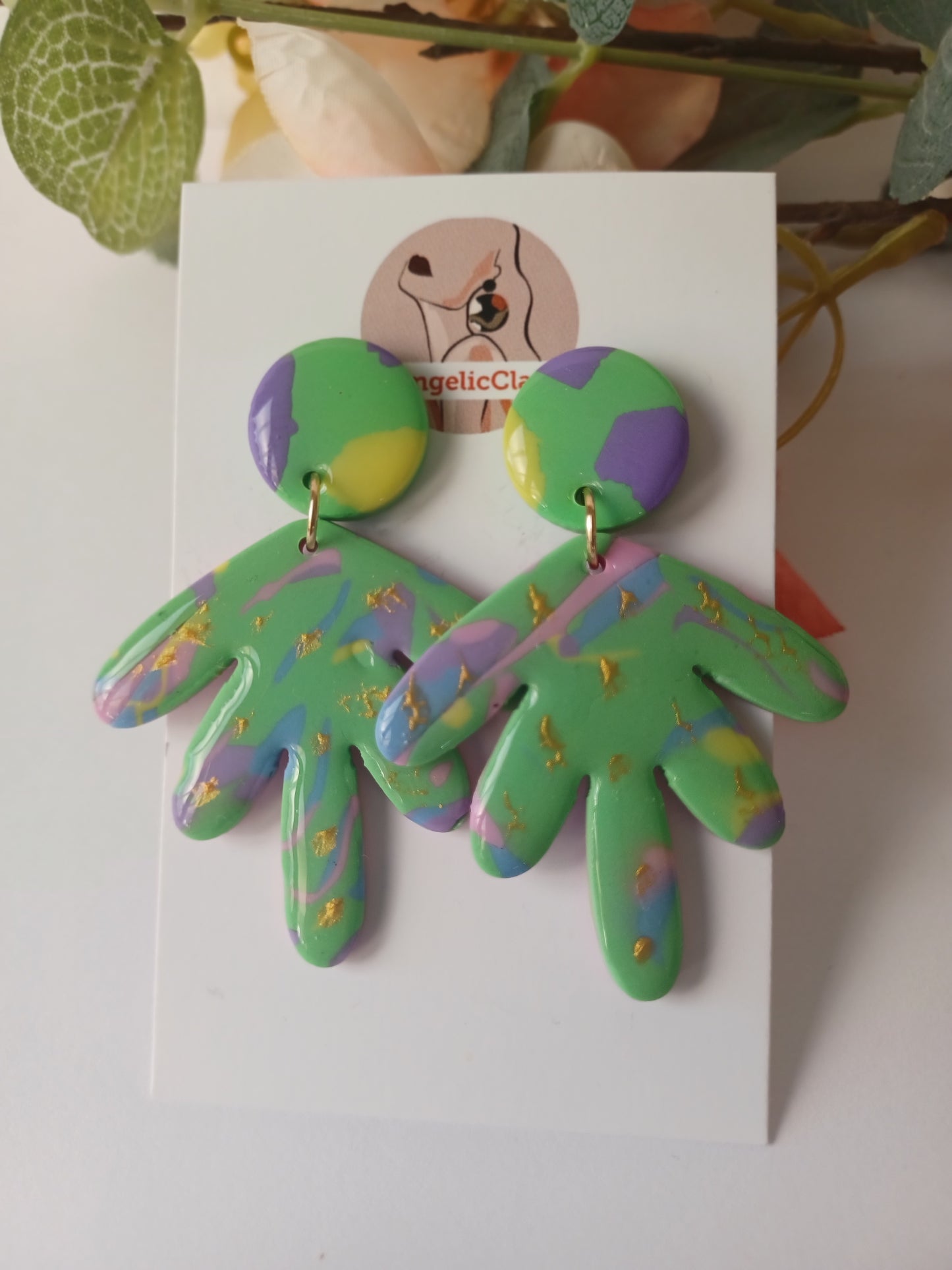 Handmade Polymer Clay Statement Earrings – Green Abstract with Gold Foil