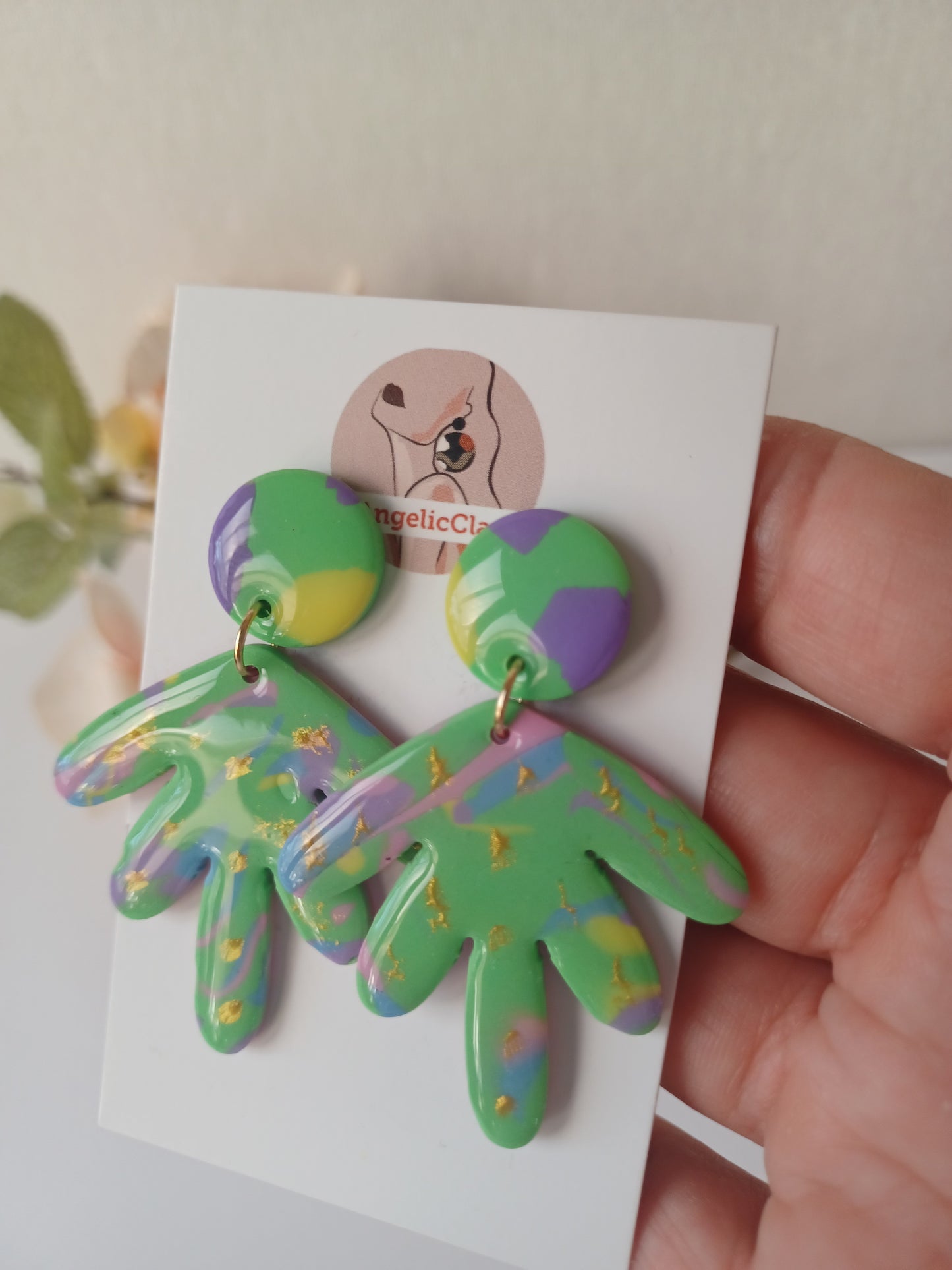 Handmade Polymer Clay Statement Earrings – Green Abstract with Gold Foil